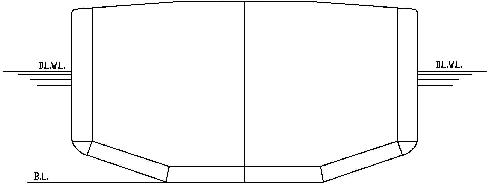 Slanted double-bottom and arc-bilge ship with inner bottoms aligned directly