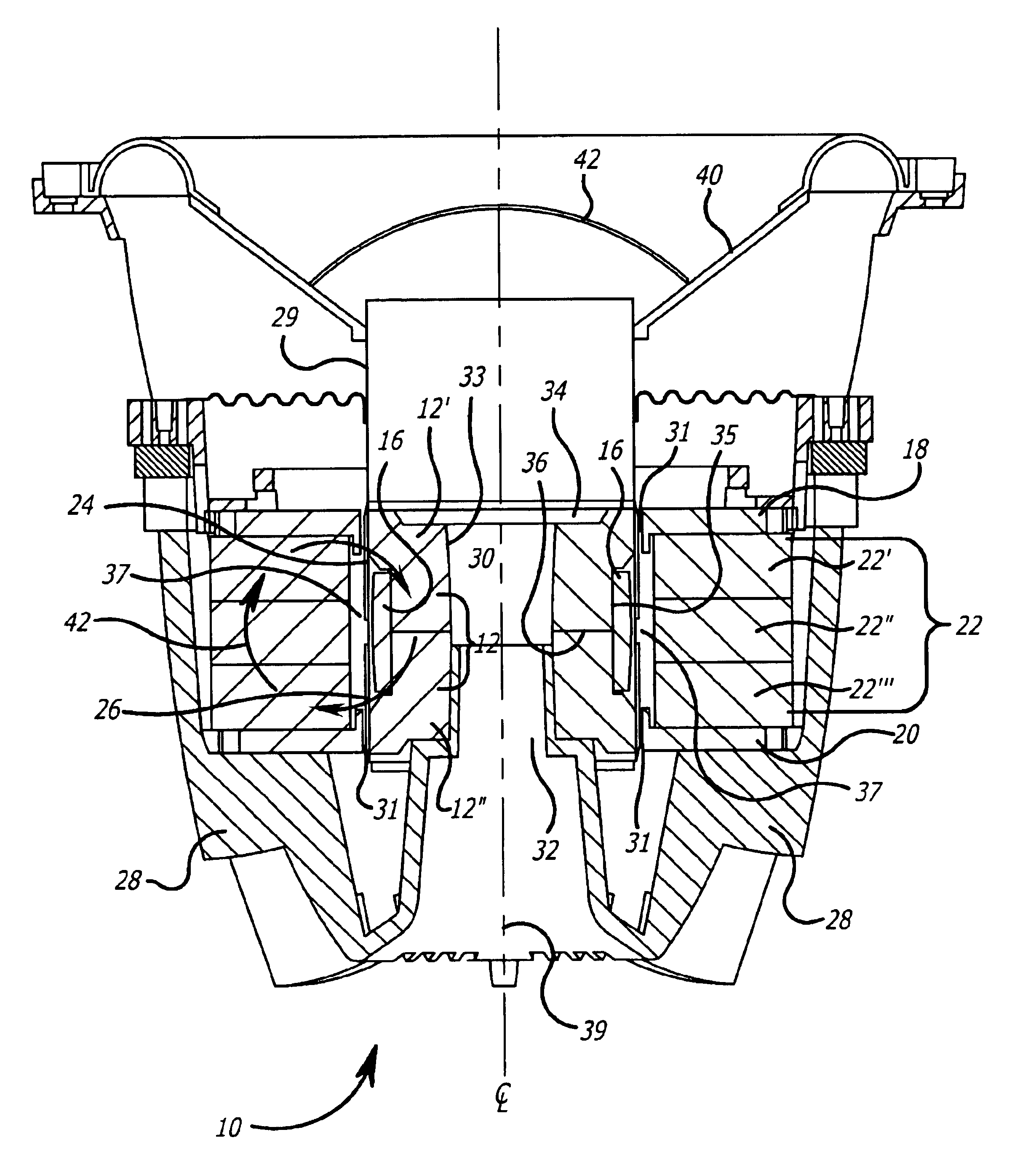 Electromagnetic motor with flux stabilization ring, saturation tips, and radiator