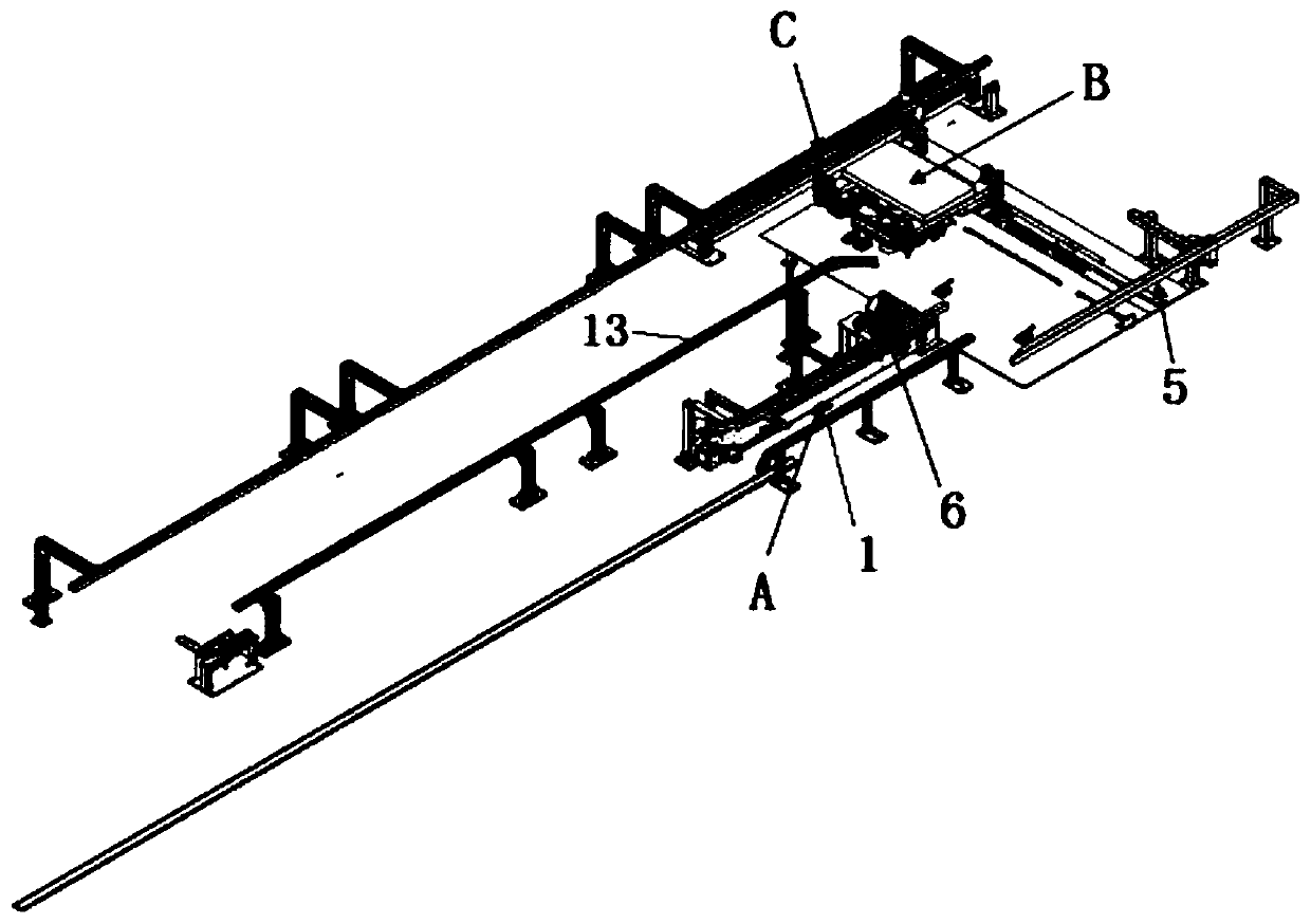 An integrated RGV-based material car off-line device and a car interior large skateboard line that can automatically take off the material car