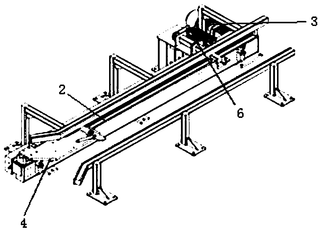 An integrated RGV-based material car off-line device and a car interior large skateboard line that can automatically take off the material car