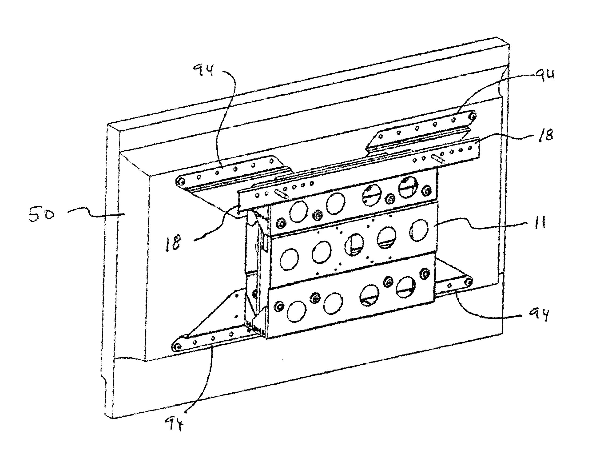 Method and device for wall mounting flat panel monitor and storing associated audio/video components
