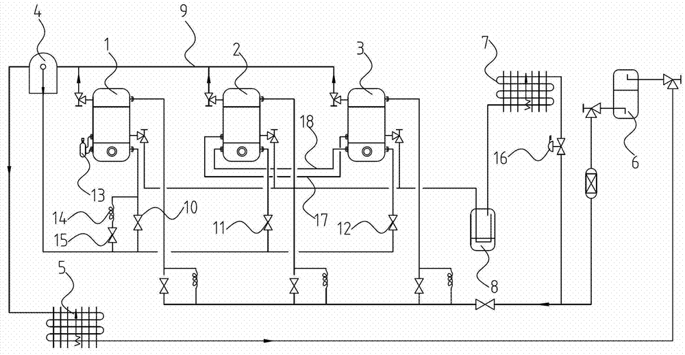 Cooling system of variable frequency vortex parallel connection machine set and operating method thereof