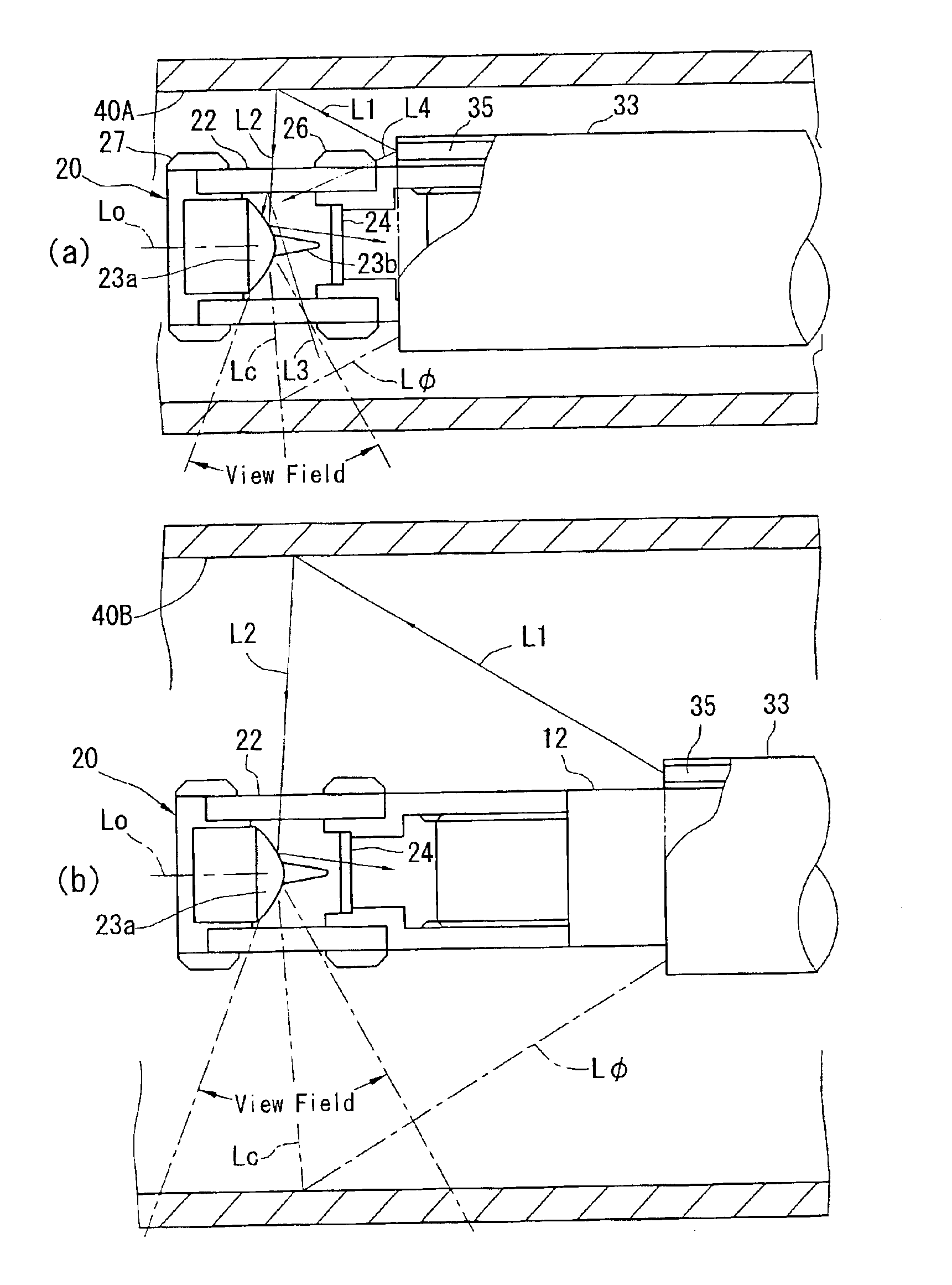 Endoscope apparatus with an omnidirectional view field and a translatable illuminator