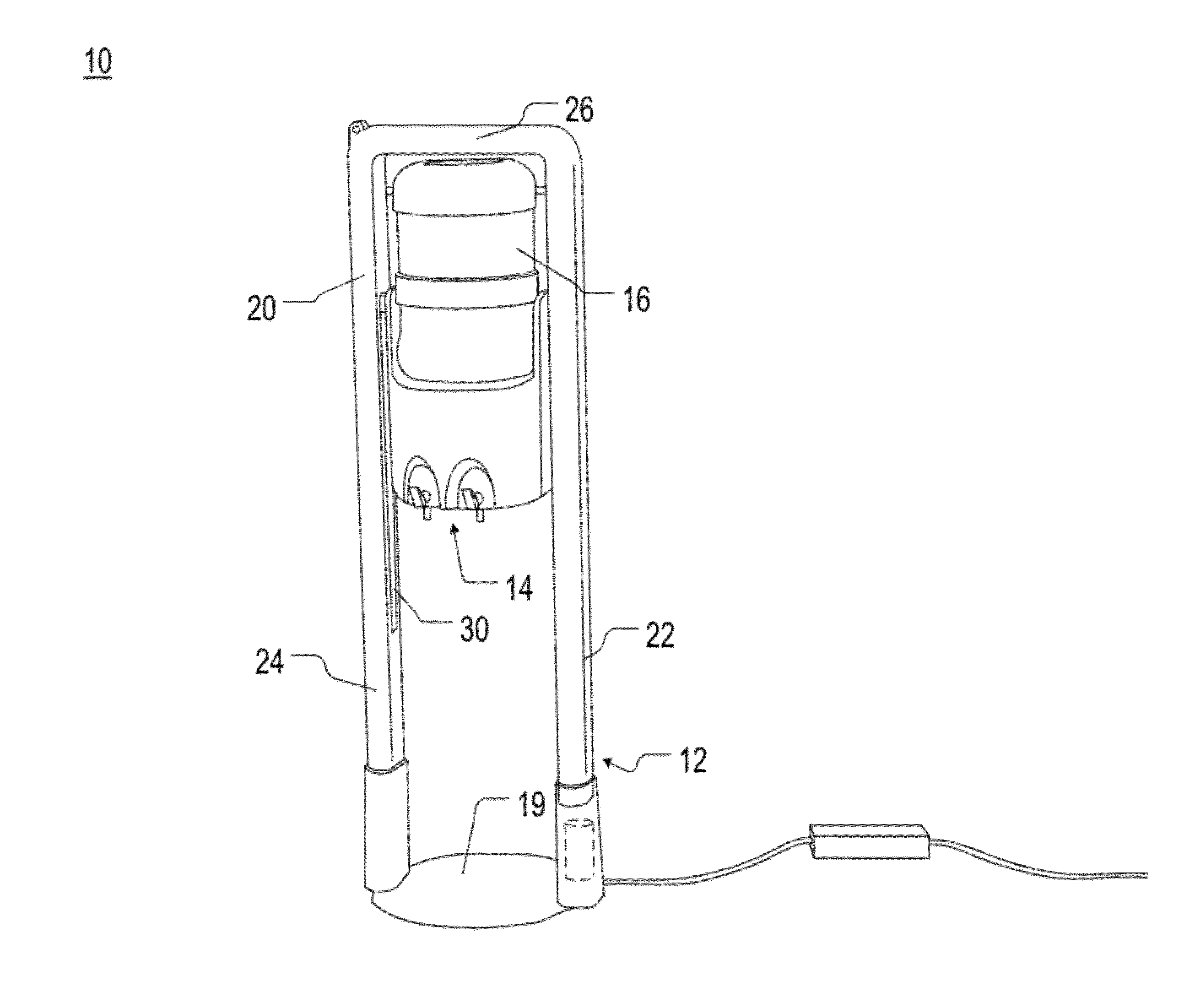 Lifting and rotating water reservoir with attached water bottle for dispensing of water from water cooler