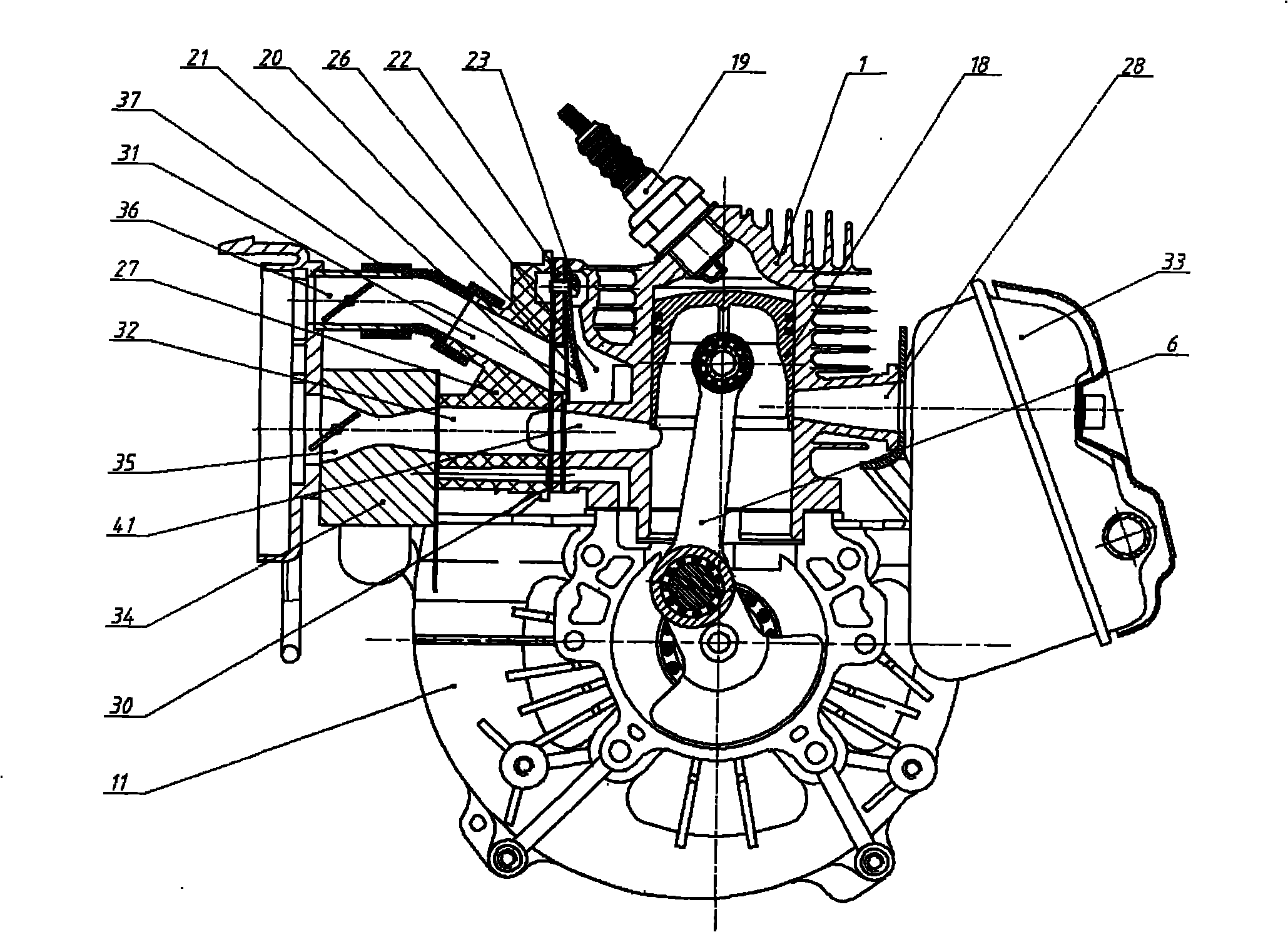 Two-stroke engine capable of scavenging in air pilot mode