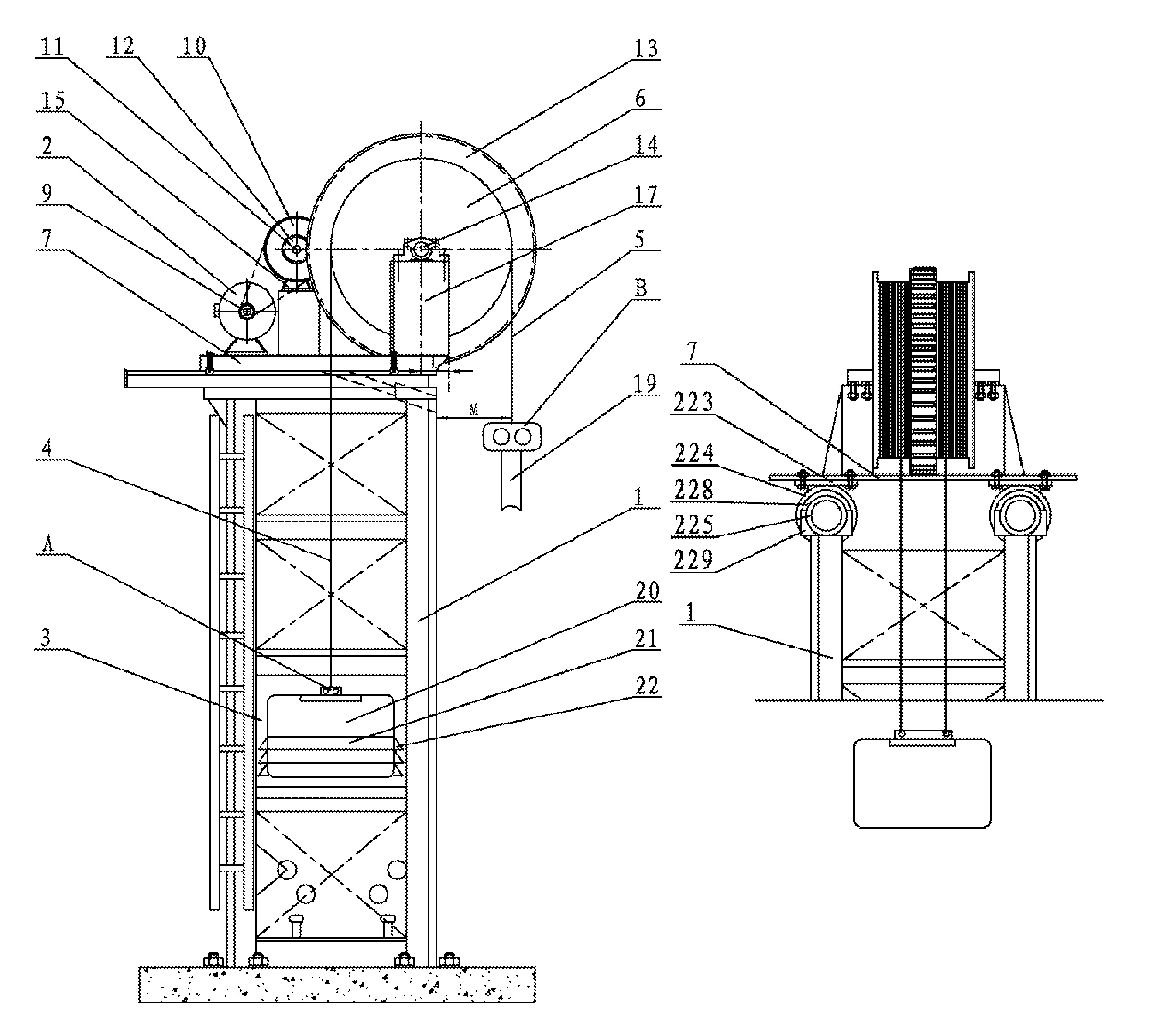 Tower frame combined transmitting pumping unit without guiding wheels