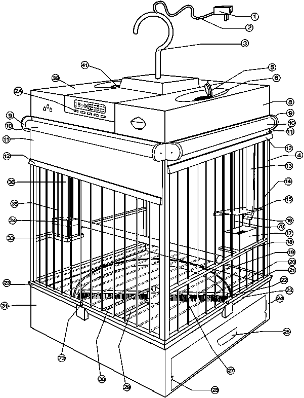 A fully automatic domesticated bird cage for feeding and training