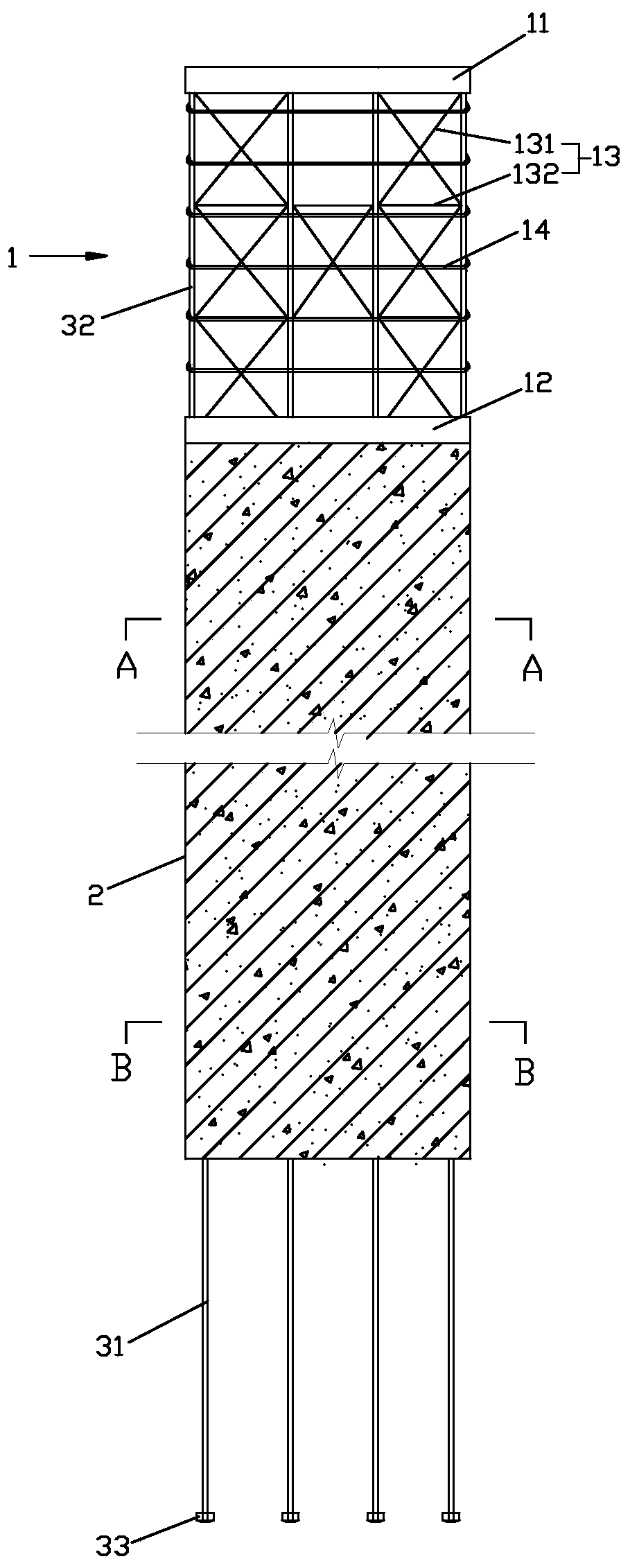 Prefabricated column with space steel truss platform and capable of realizing pitch point cast-in-situ connection