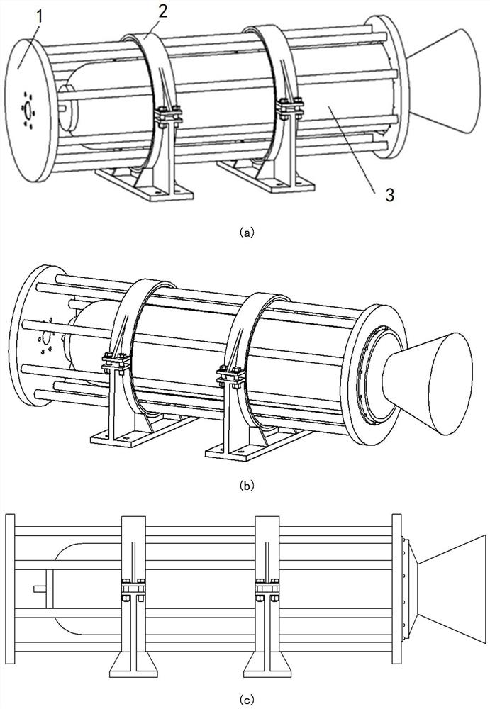 Rear skirt connection type thrust transmission device for engine ignition test of solid rocket