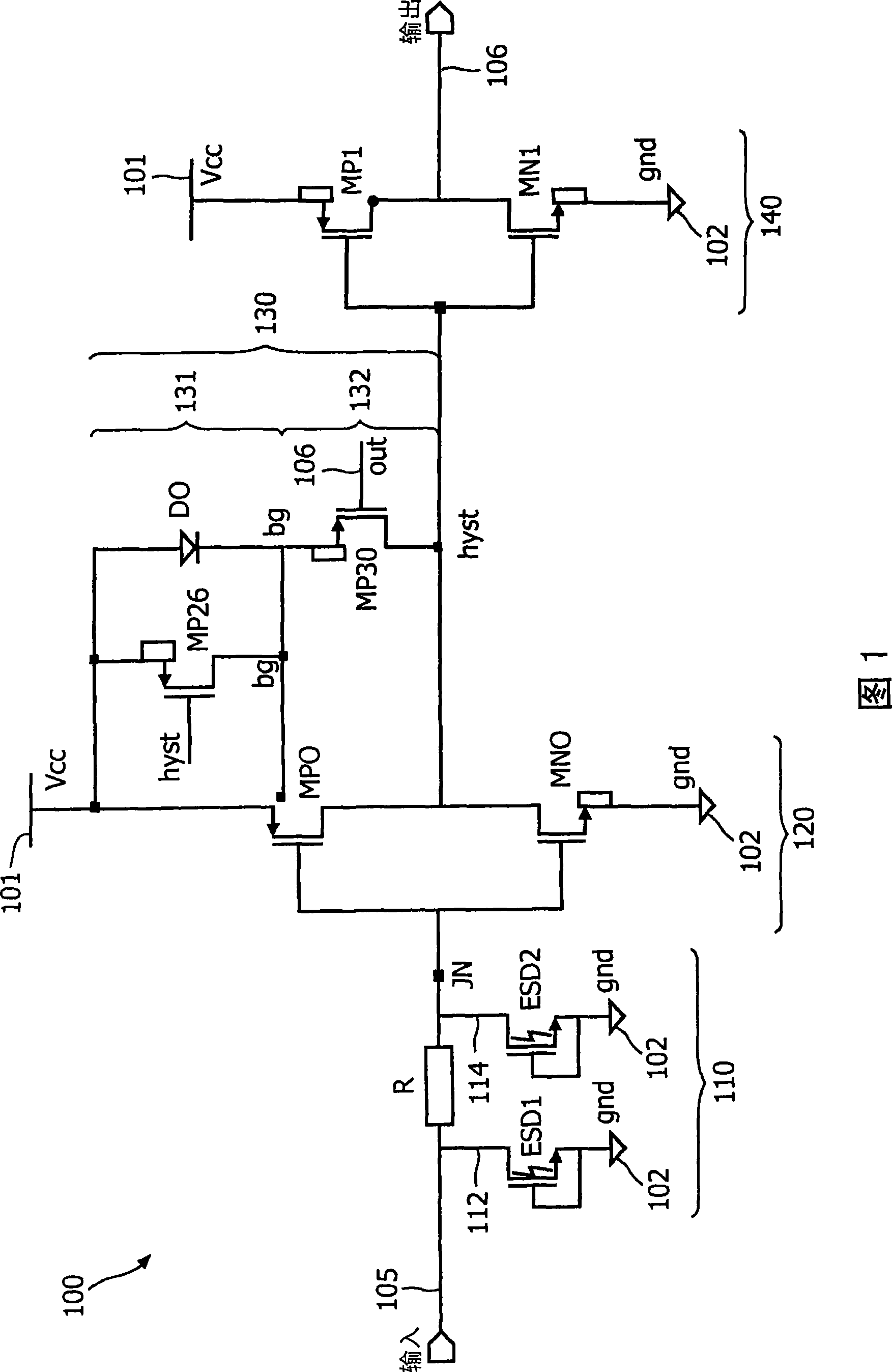 Transformation of an input signal into a logical output voltage level with a hysteresis behavior