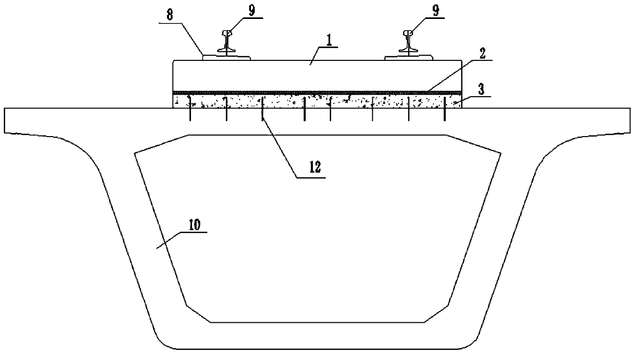 Prefabricated track bed structure of a vibration isolation pad on a bridge