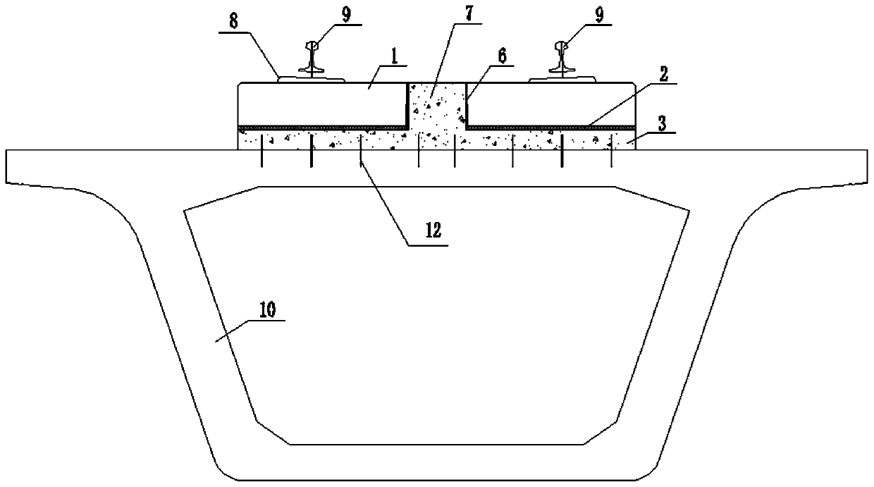 Prefabricated track bed structure of a vibration isolation pad on a bridge