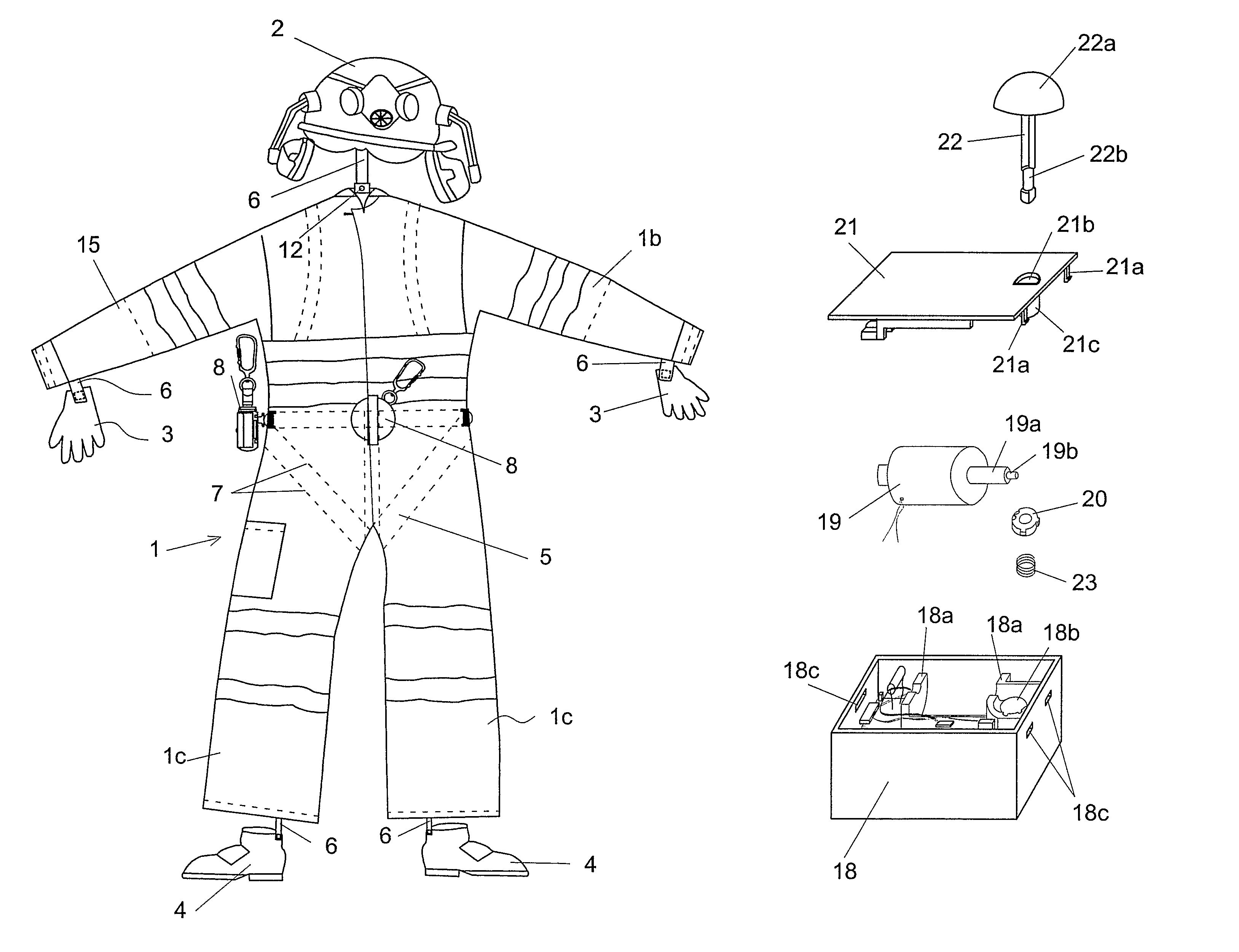Combined protective garment and safety harness with detachable protective devices