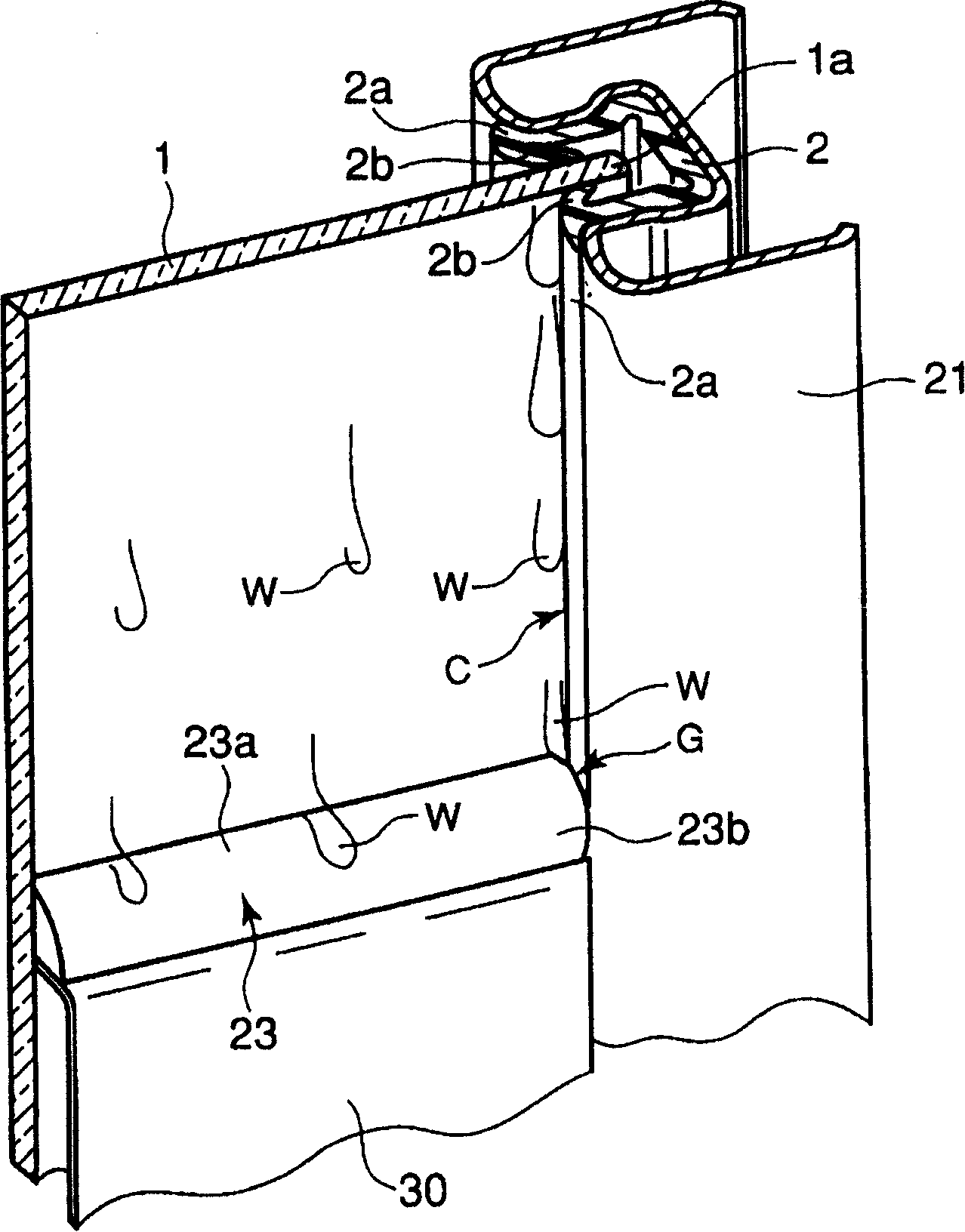 Water drop induction structure of elevating glass
