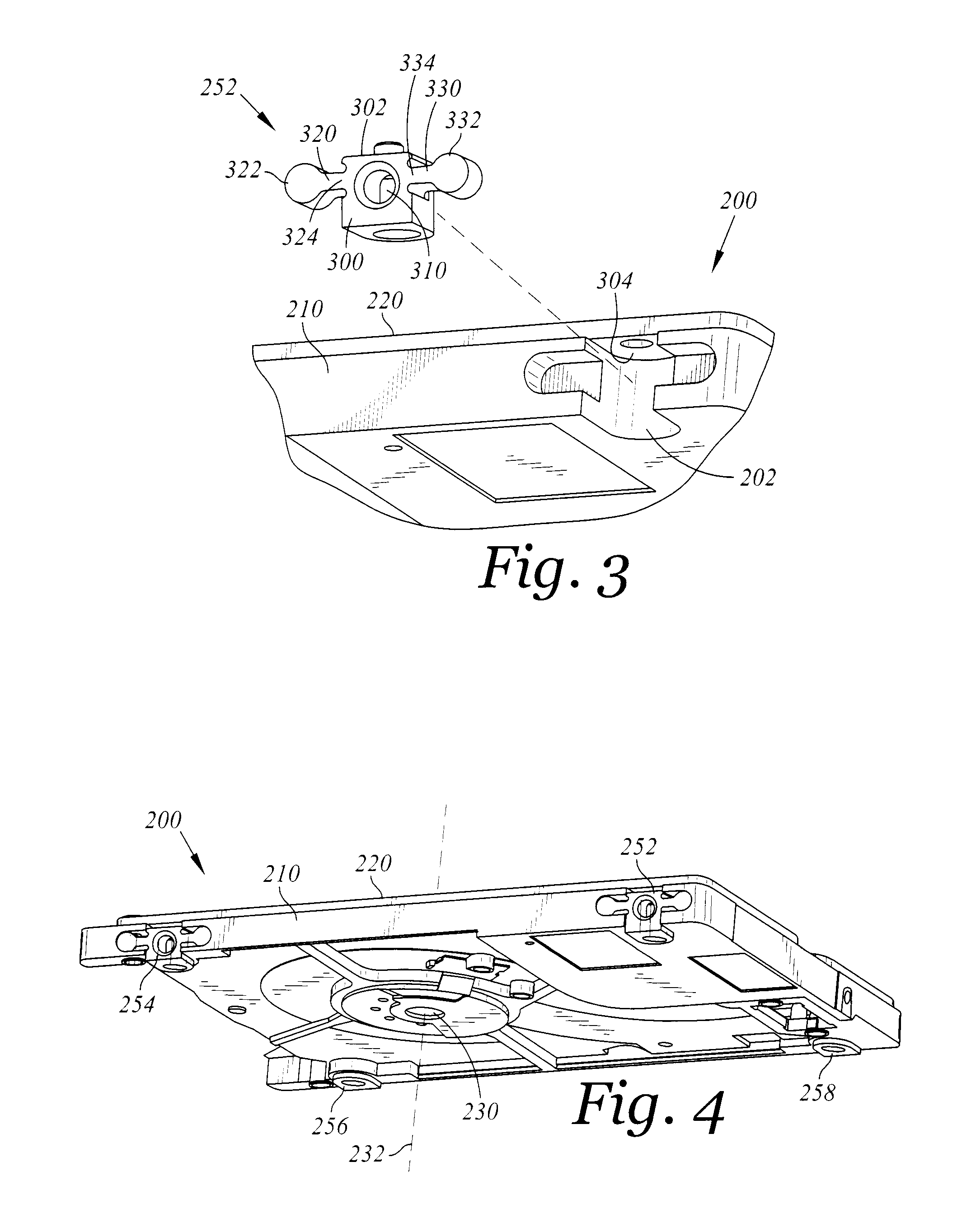 Disk drive having mounting inserts with cantilevered beams