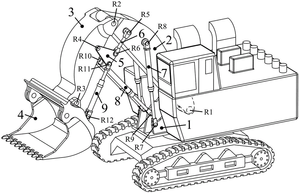 Face shovel excavating and loading device capable of increasing pushing force and journey of bucket hydraulic cylinder