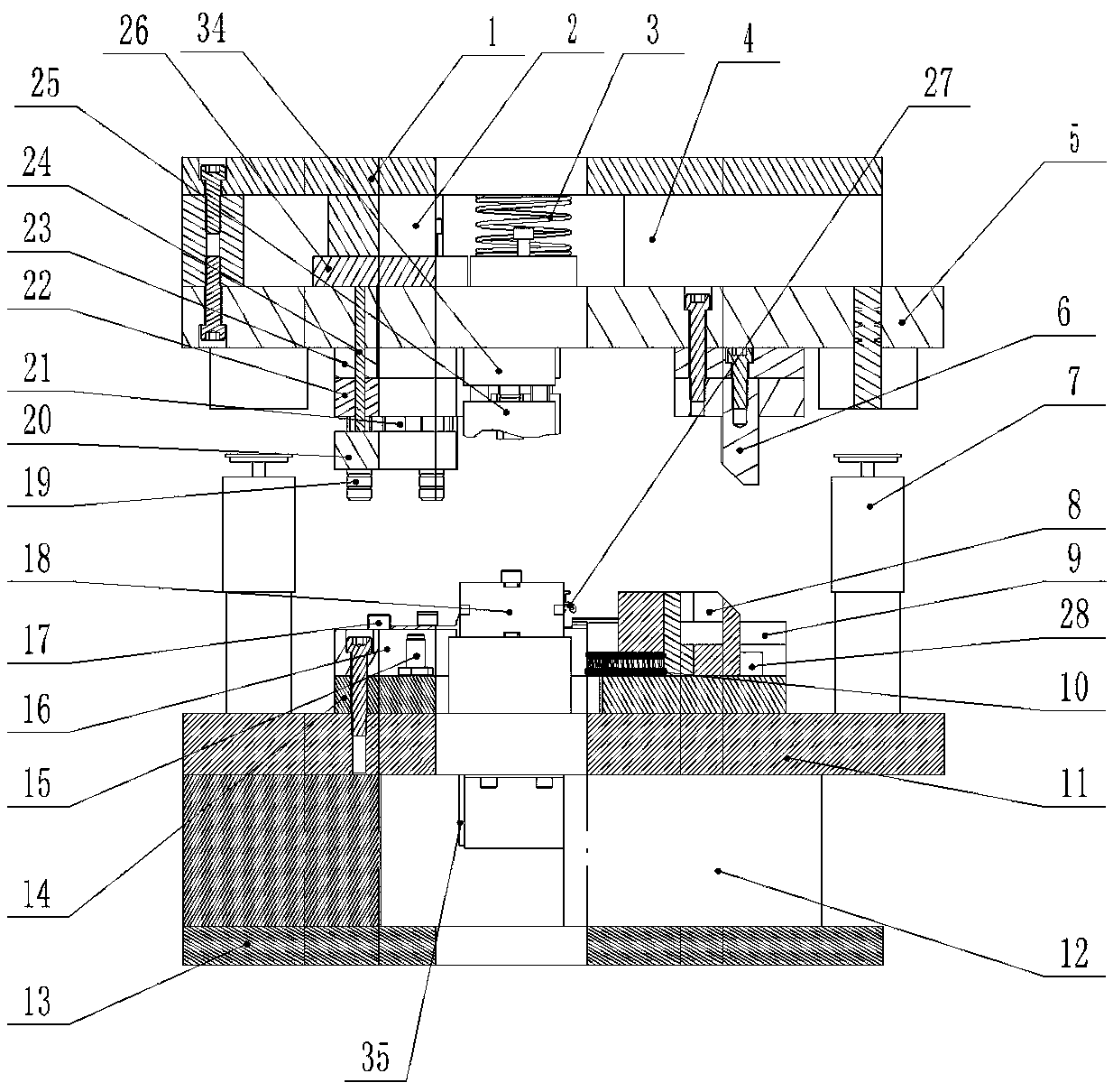 Stamping die for forming multi-profile surfaces of an automobile skylight guide rail and stamping method thereof