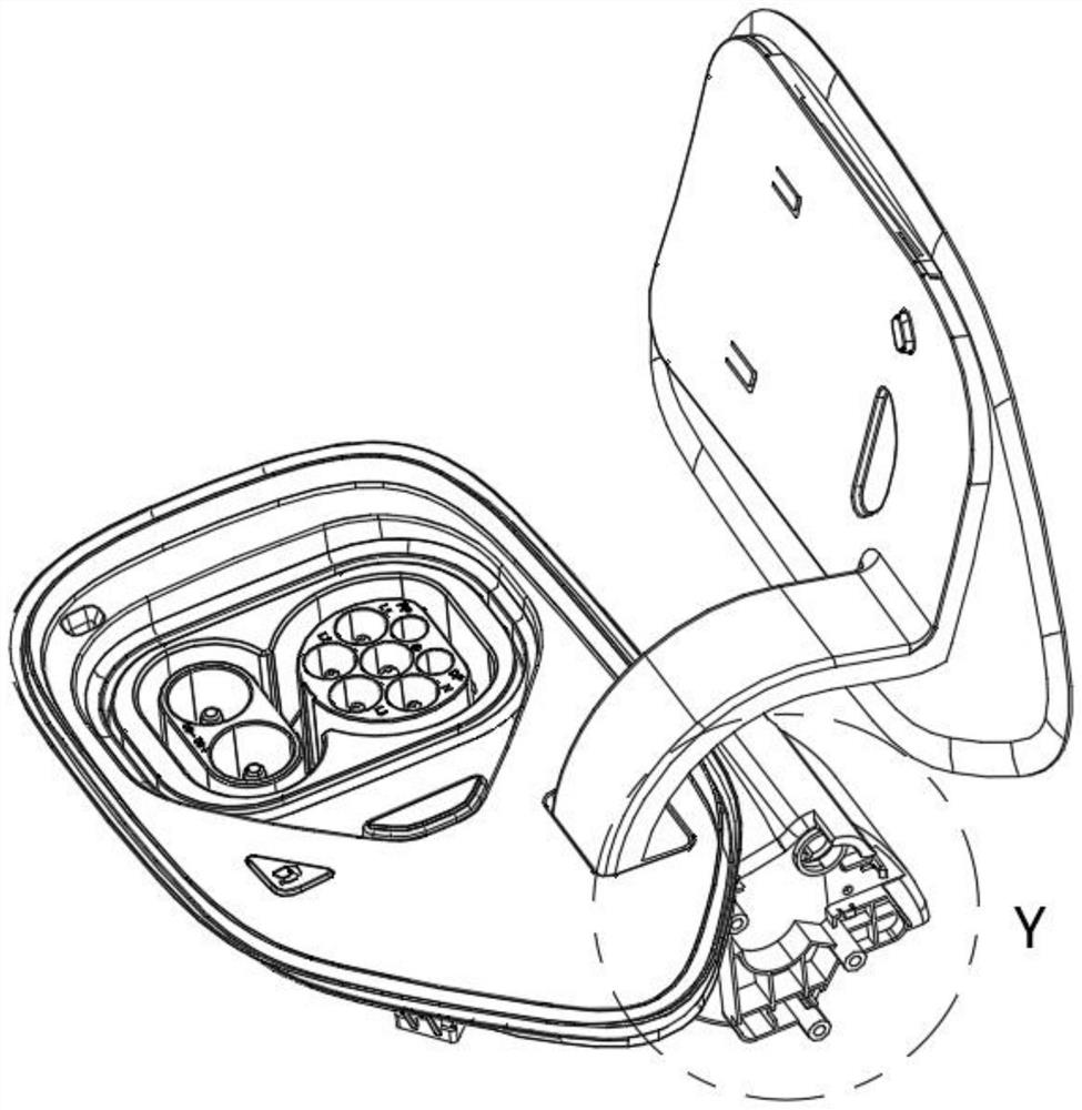 Hinge four-bar type charging port and oil filling port assembly