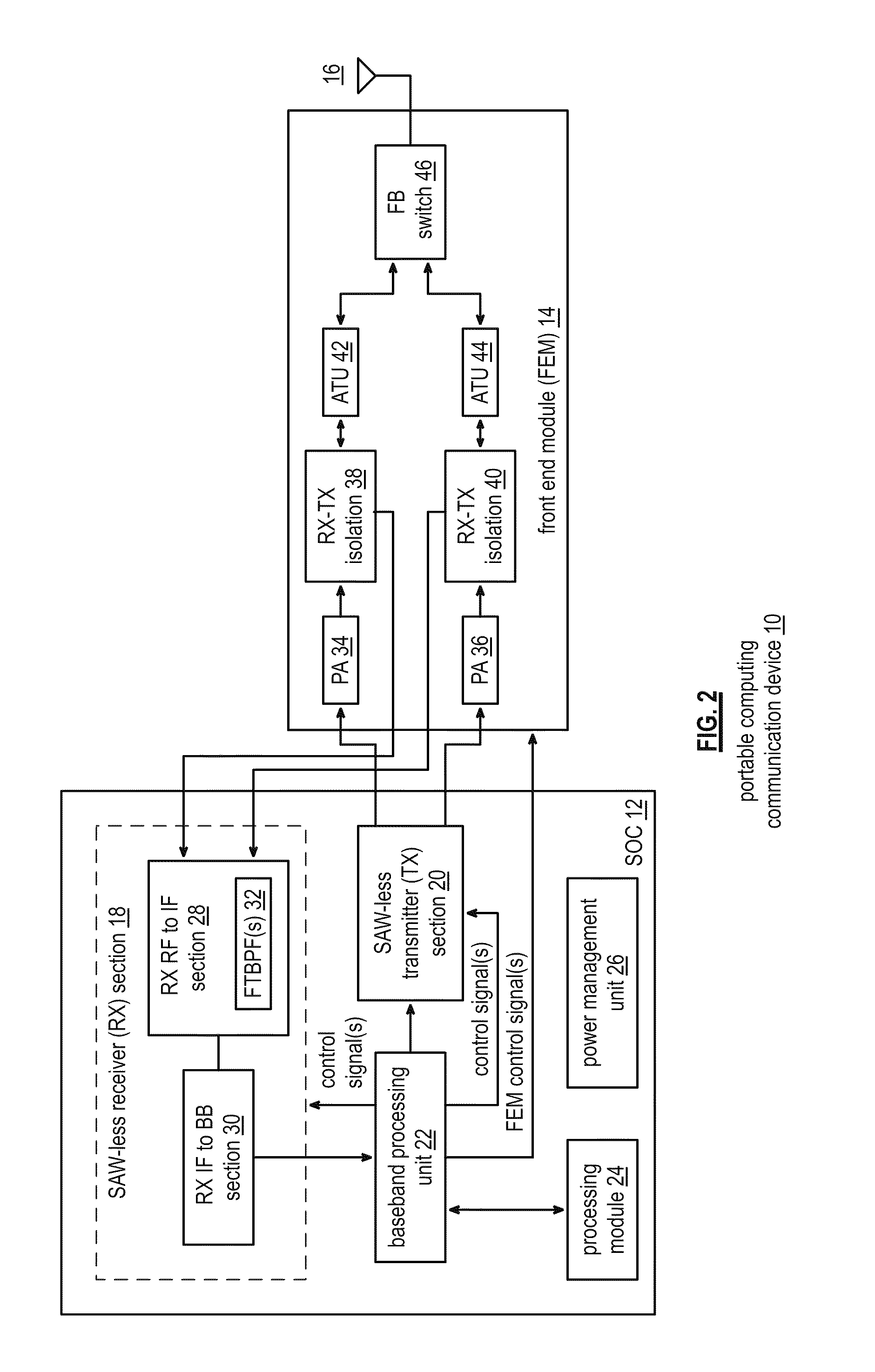 Portable computing device with a saw-less transceiver