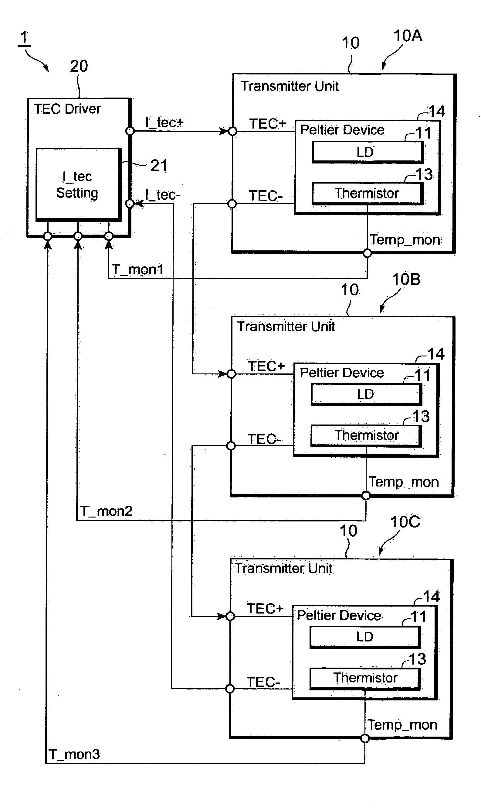 Optical transmitter providing a plurality of transmitter units each having a thermo-electric cooler connected in series to each other