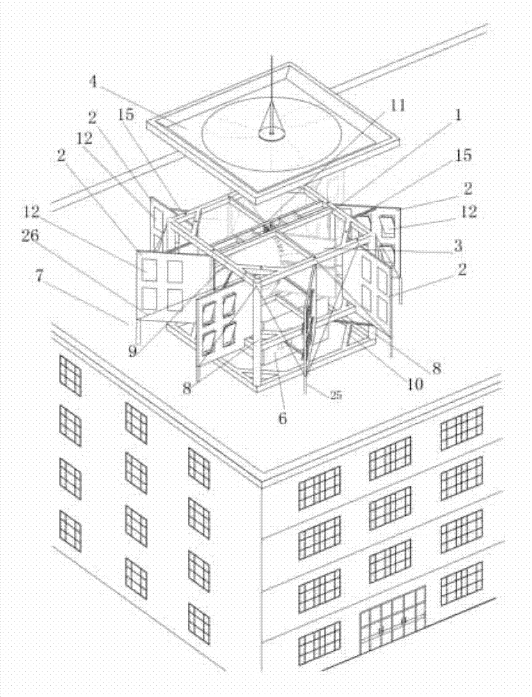 Wind power generation device with roof reinforced concrete frame
