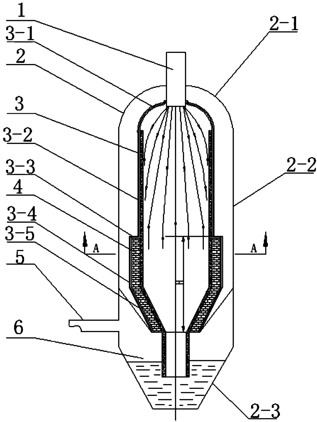 A gasification furnace device with a combined arrangement of water-cooled walls and refractory brick walls