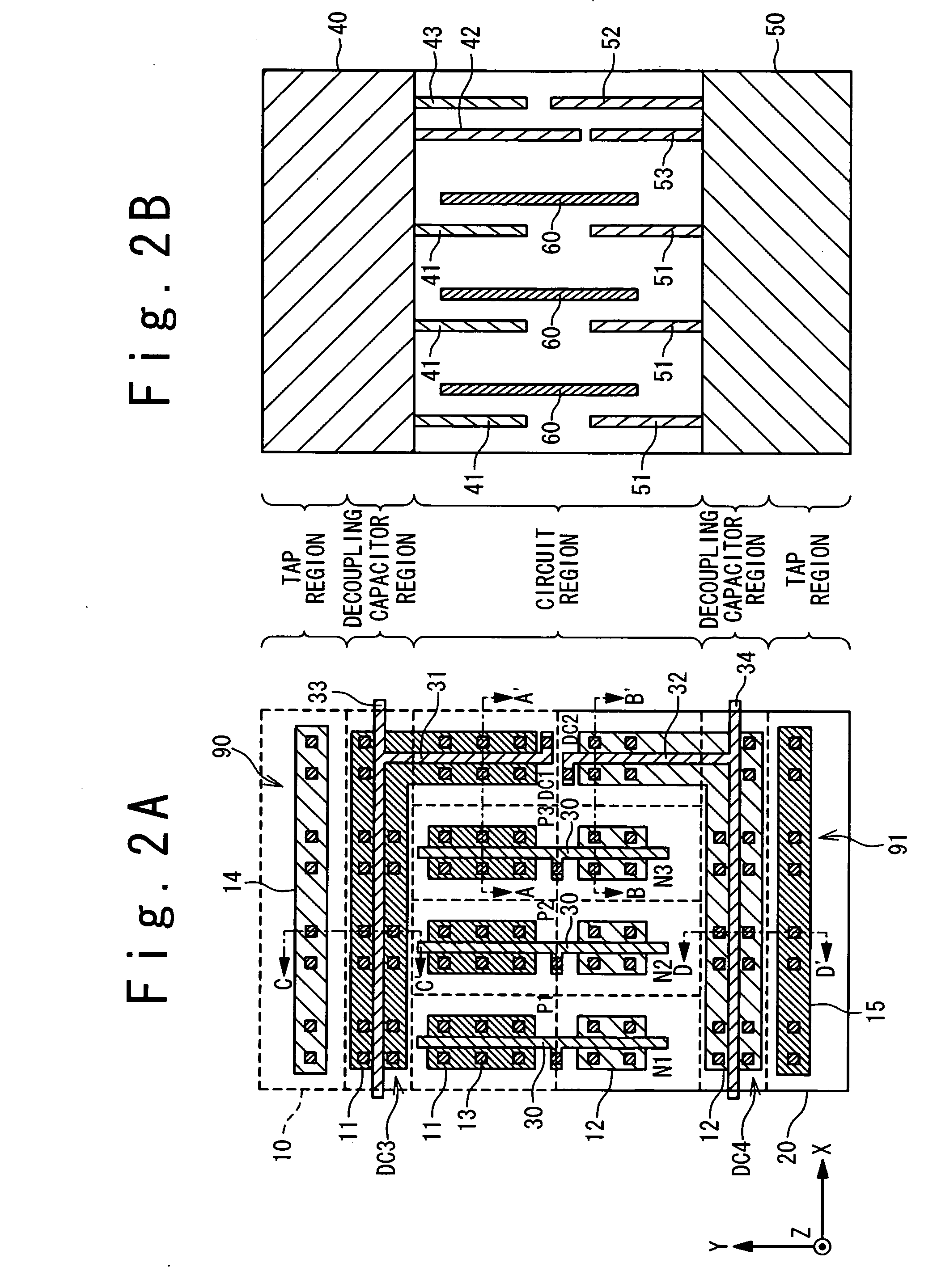 Integrated circuit incorporating decoupling capacitor under power and ground lines