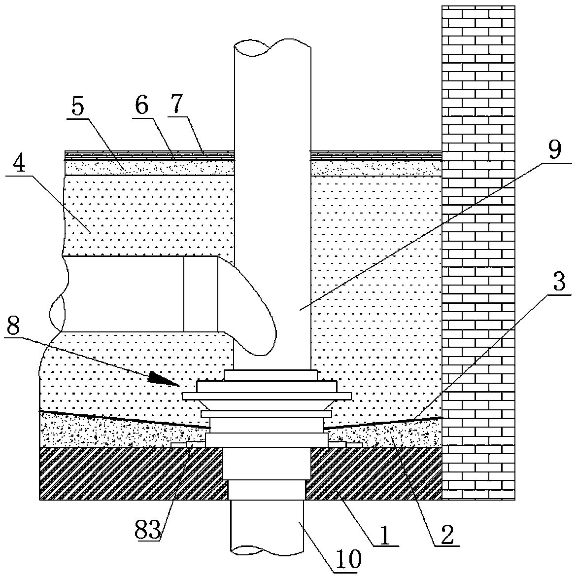 Toilet structure composed of vertical pipe embedding piece device and construction method of toilet structure