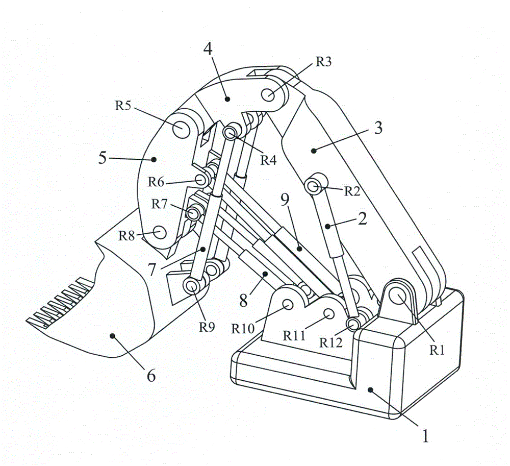 Motion redundancy face shovel excavating mechanism containing lengthened arm