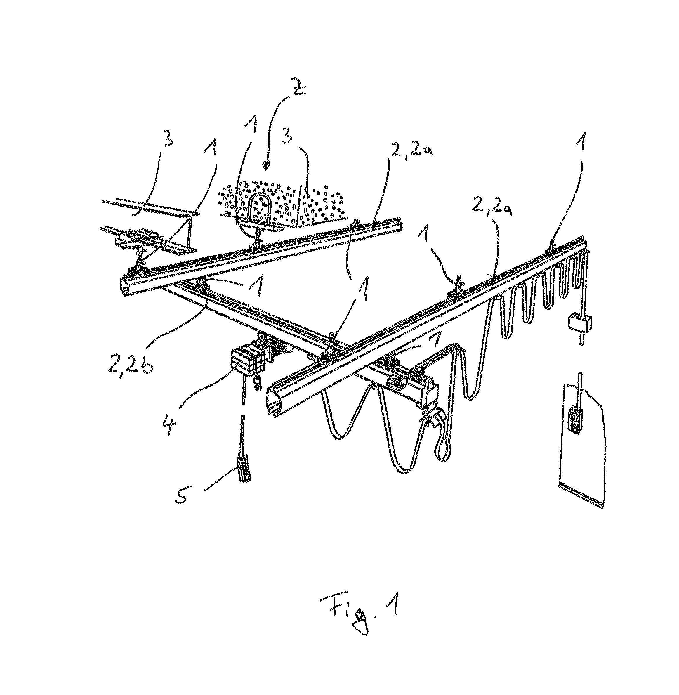 System with a suspension device and a rail