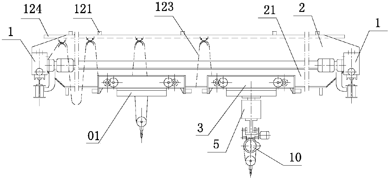 Anti-tipping double-girder crane with double trolleys and balance end beams