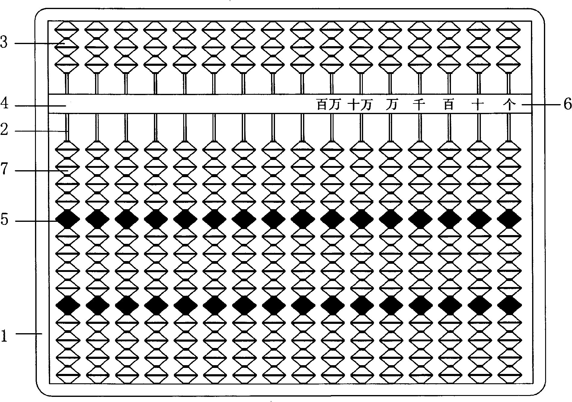 Three-number straight-adding and straight-subtracting abacus with three beads on each upper