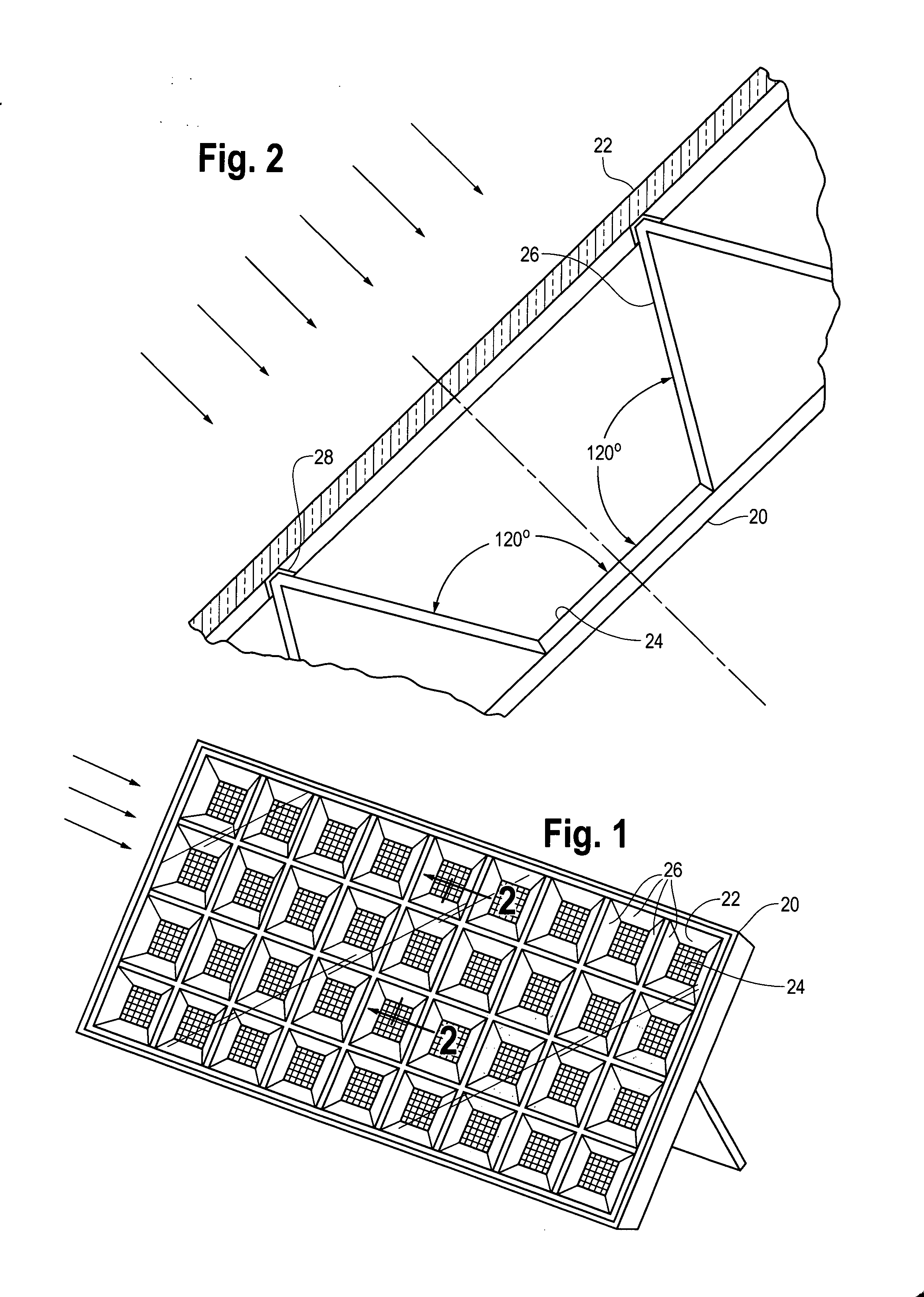 Method and apparatus for arranging multiple flat reflector facets around a solar cell or solar panel