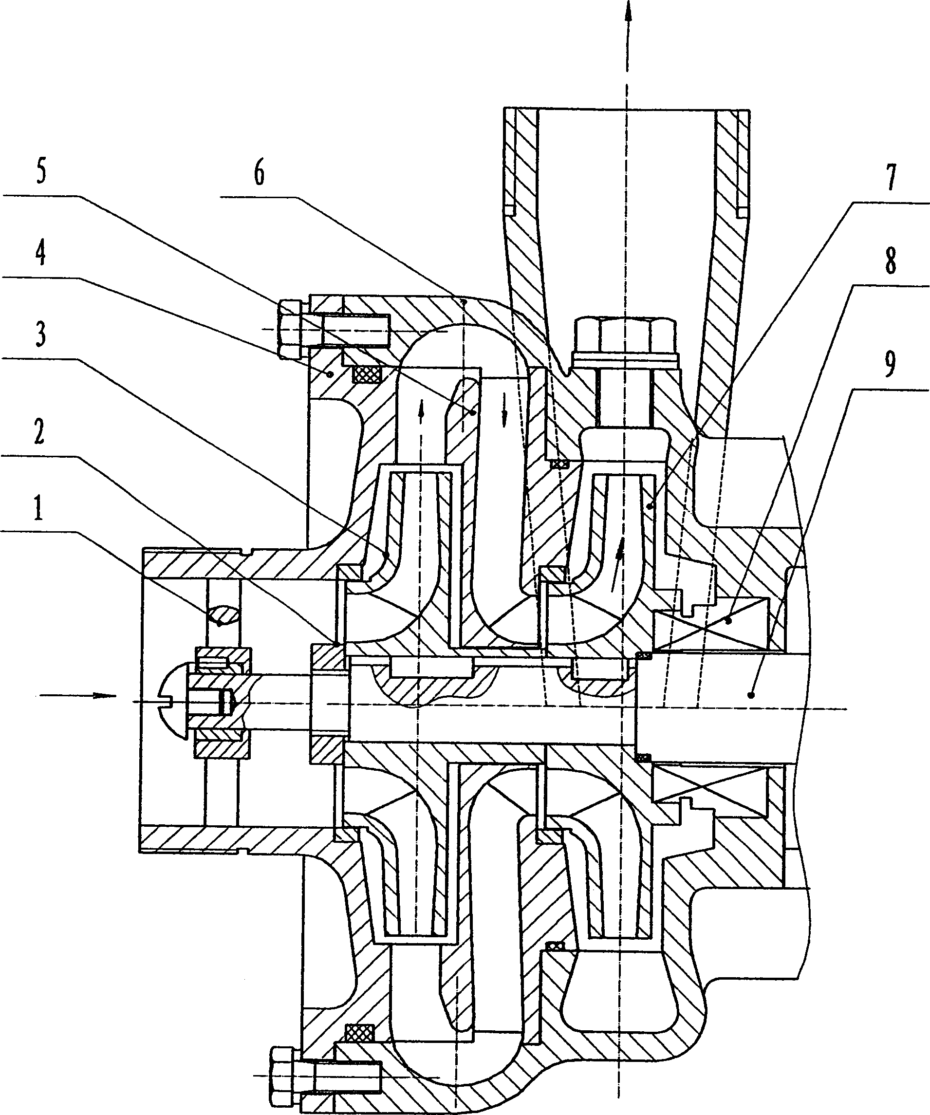 Two stage pump in type of combining guide vane with spiral case