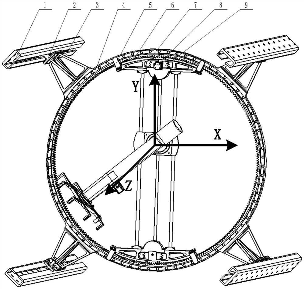 Six-degree-of-freedom annular tooling and delivery device for the space cabin