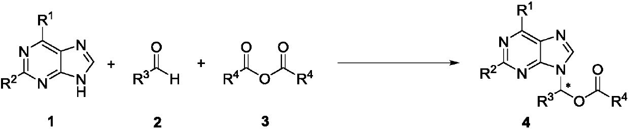 Method for synthesizing chiral purine noncyclic nucleoside through dynamic and kinetic resolution of purine, aldehyde and anhydride