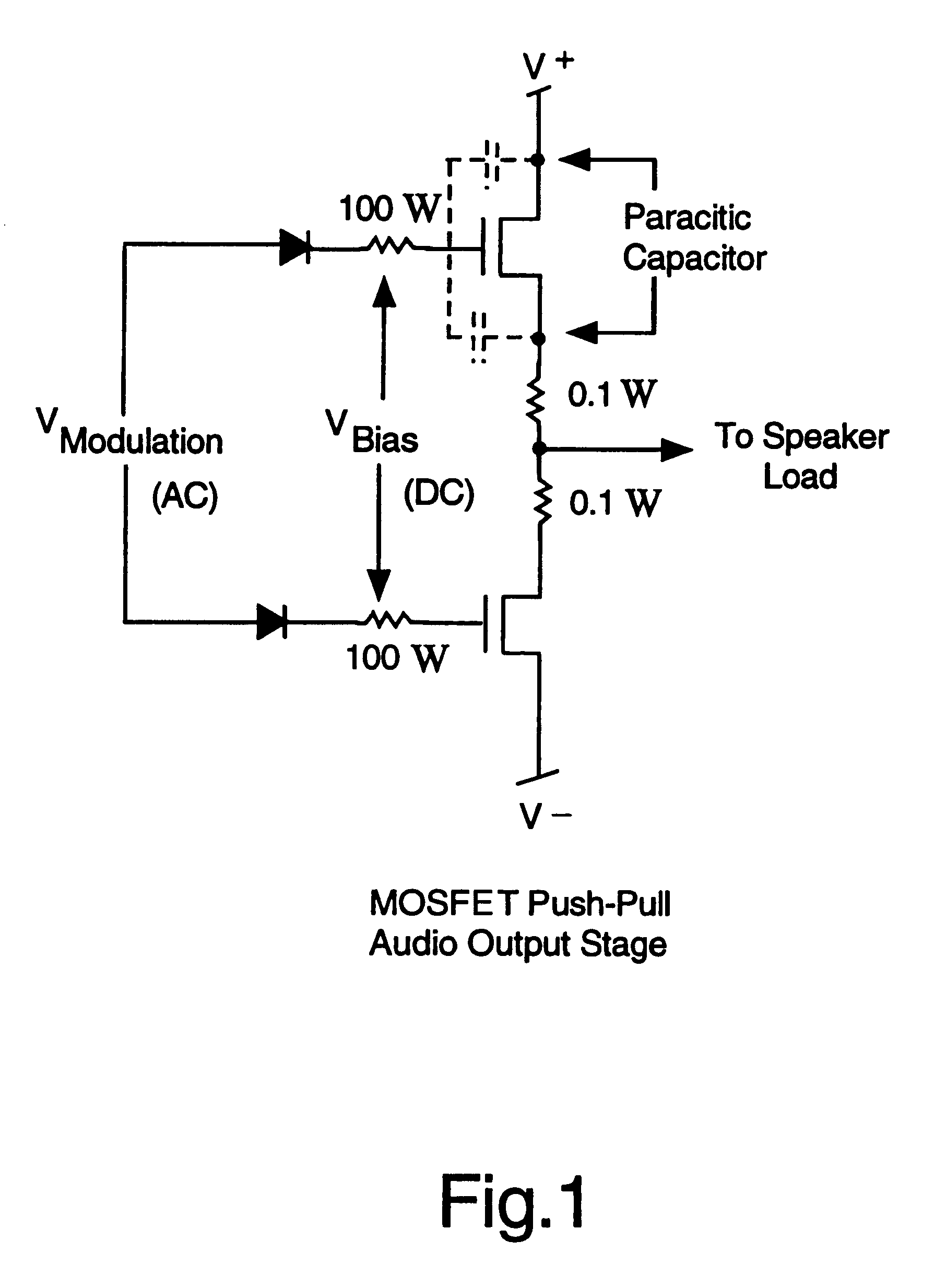 Wide bandwidth, current sharing, MOSFET audio power amplifier with multiple feedback loops