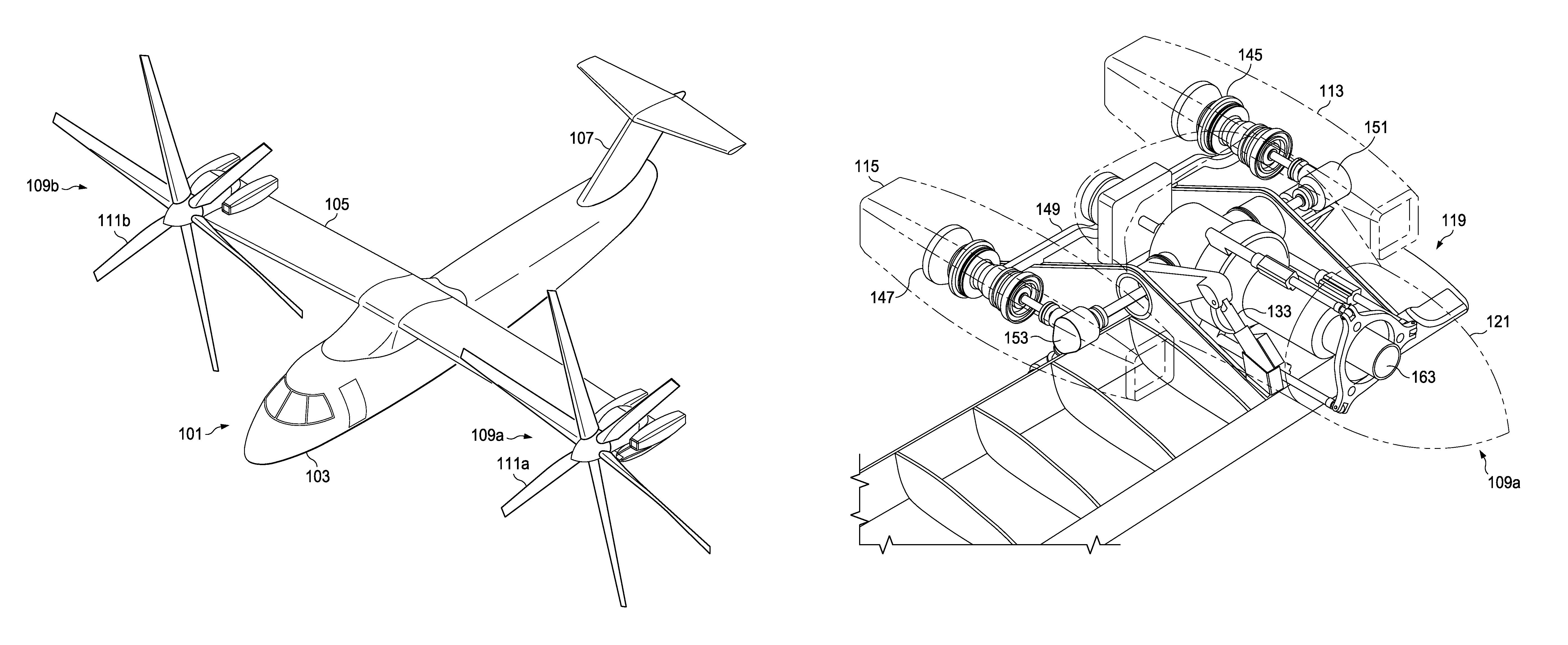 Tilt rotor aircraft with fixed engine arrangement