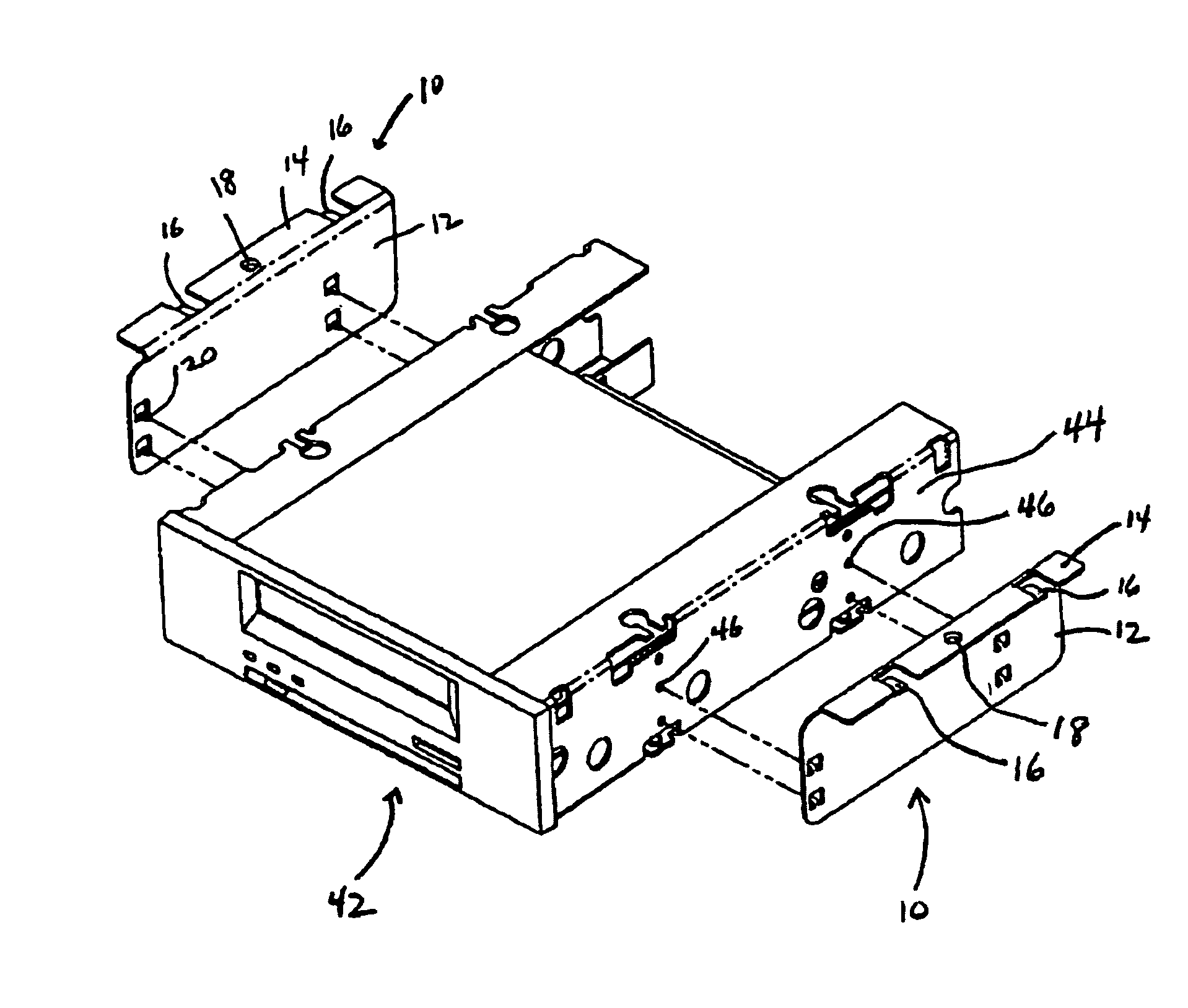 Computer peripheral device mounting arrangement with two locking elements