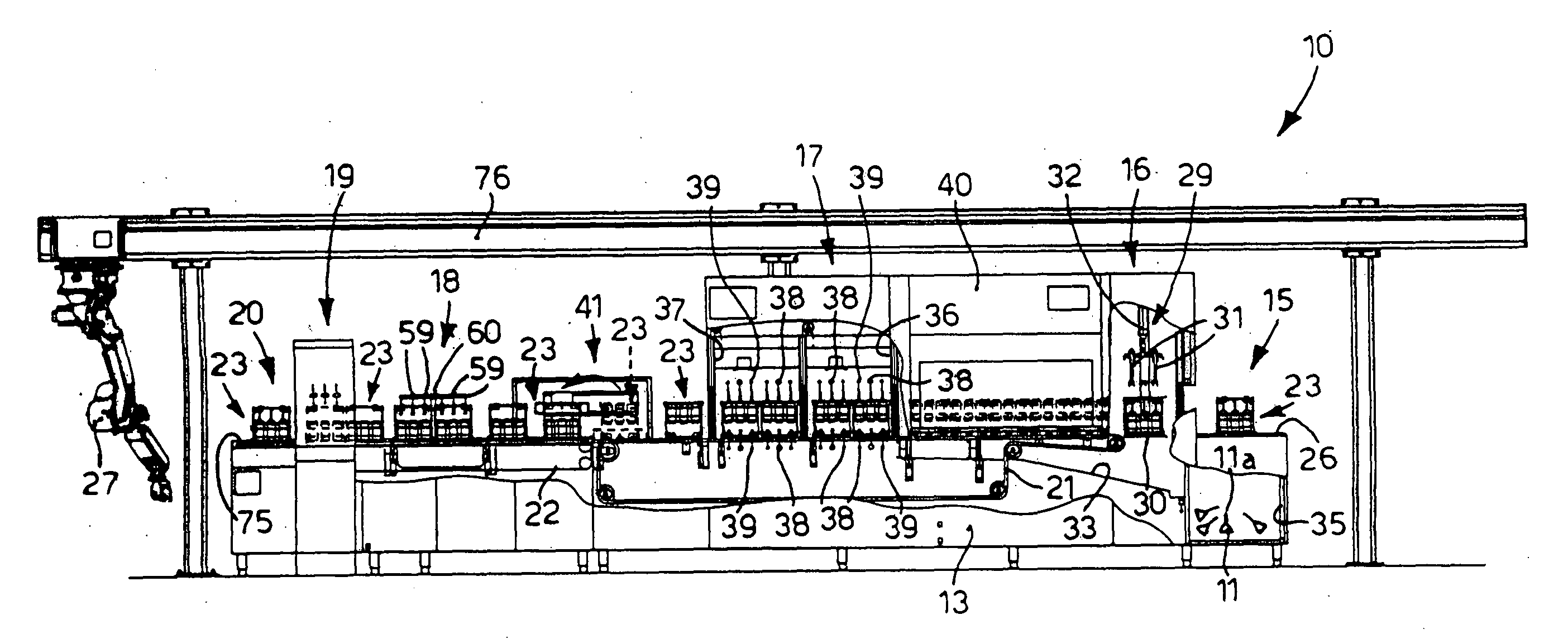 Machine and method for treating containers of liquids, and loading device for said containers