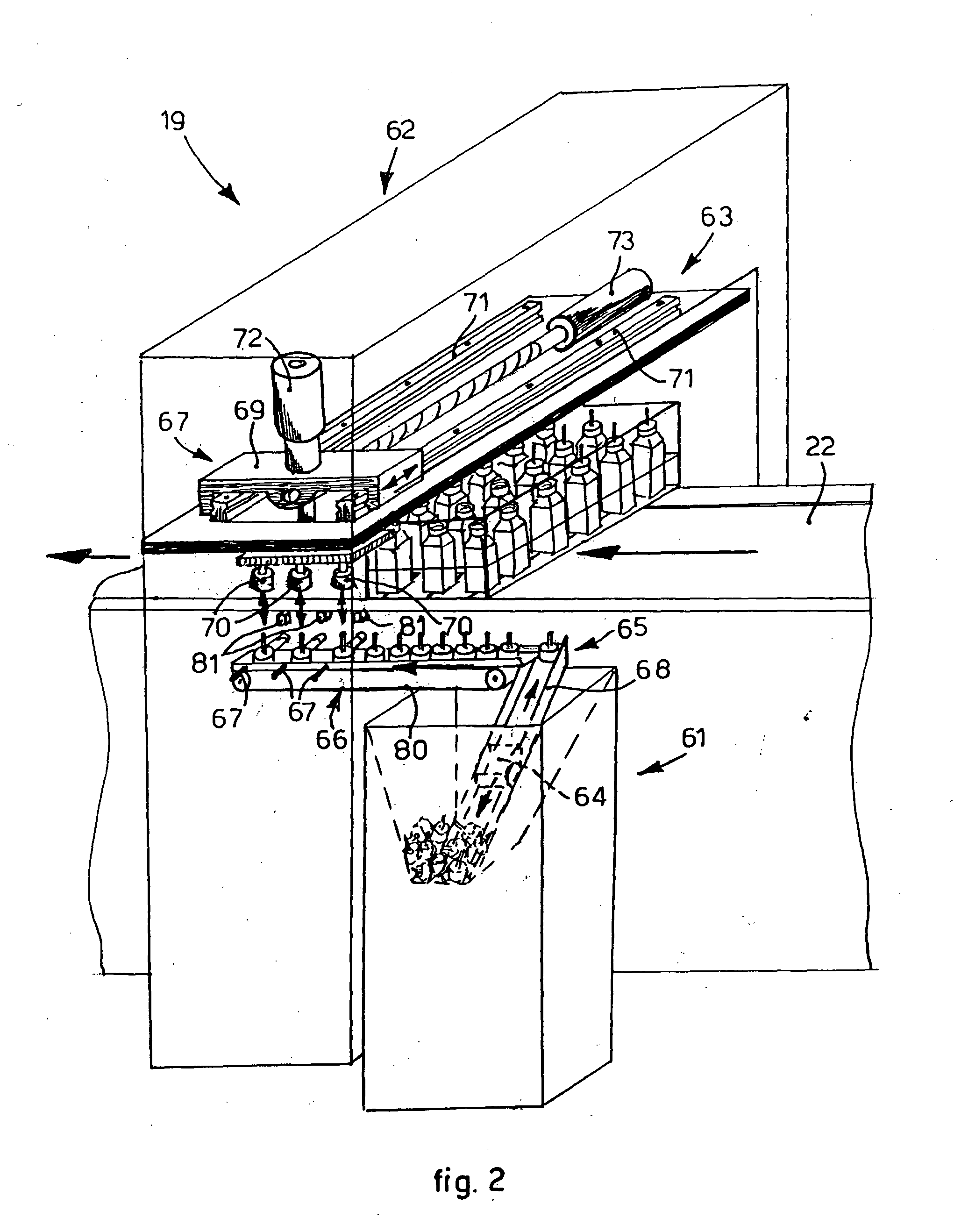 Machine and method for treating containers of liquids, and loading device for said containers
