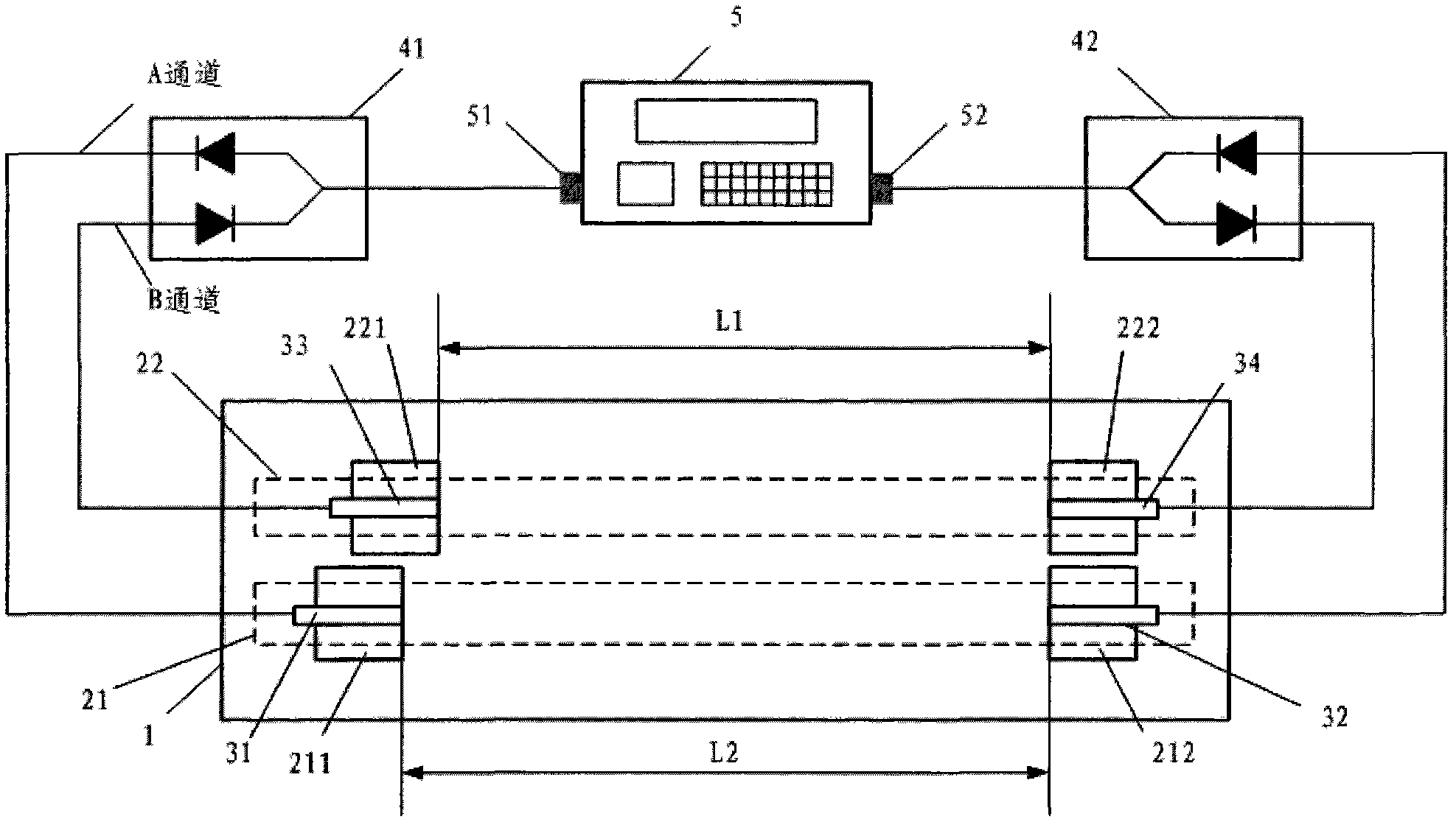 Two-channel ultrasonic flowmeter time difference detection device