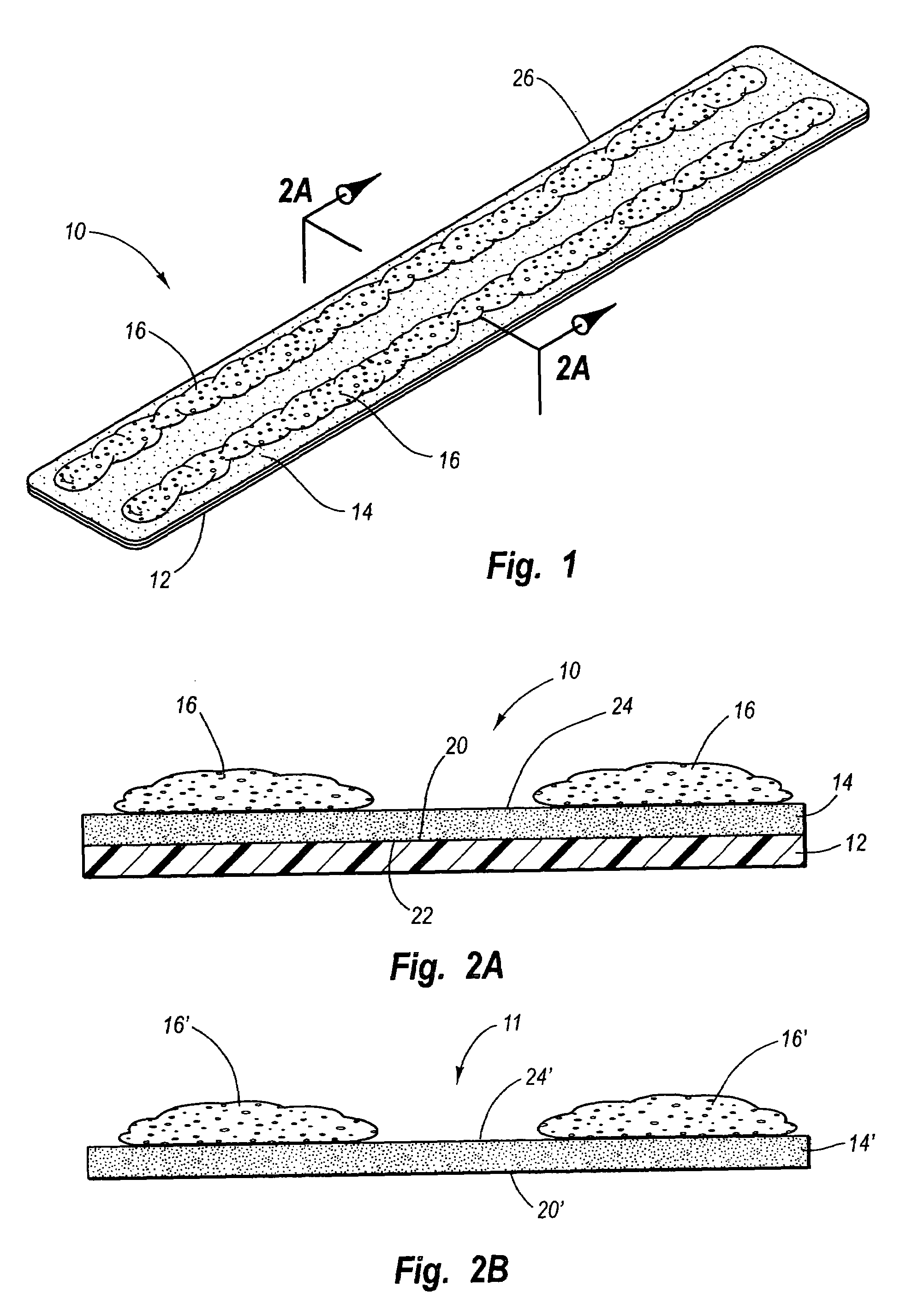 Treatment compositions and strips having a solid adhesive layer and treatment gel adjacent thereto