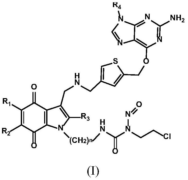 Tumor-targeting drug-resistant O6-thiophene methyl guanine-indolequinone-chloroethyl nitrosourea combined molecule and preparation method thereof