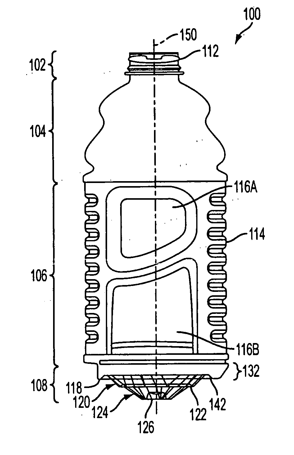Container and method for blowmolding a base in a partial vacuum pressure reduction setup