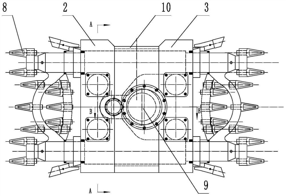 A reciprocating impact excavator with a rolling guide and anti-rotation assembly block that implements the rolling-guiding anti-rotation assembly block-guiding anti-rotation method