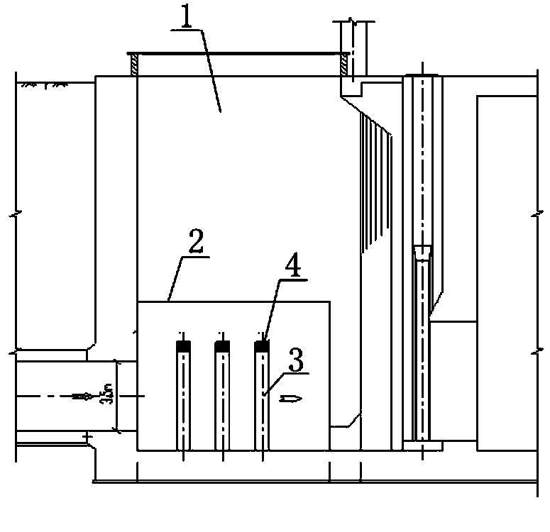 Flow distributing facility of front water feeding pond of large circulating water pump station of power plant and construction method for flow distributing facility