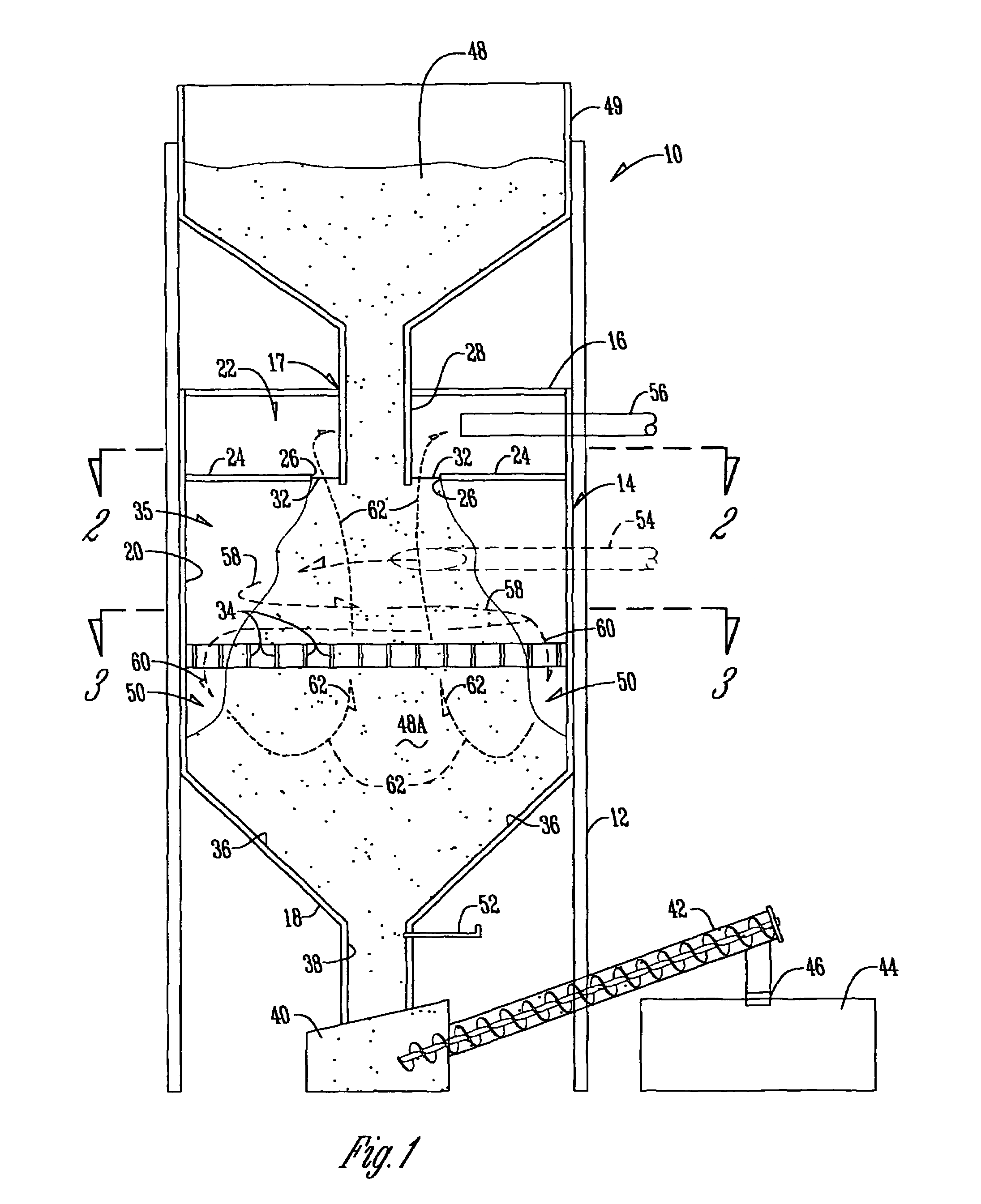 Method and apparatus for filtering gas with a moving granular filter bed