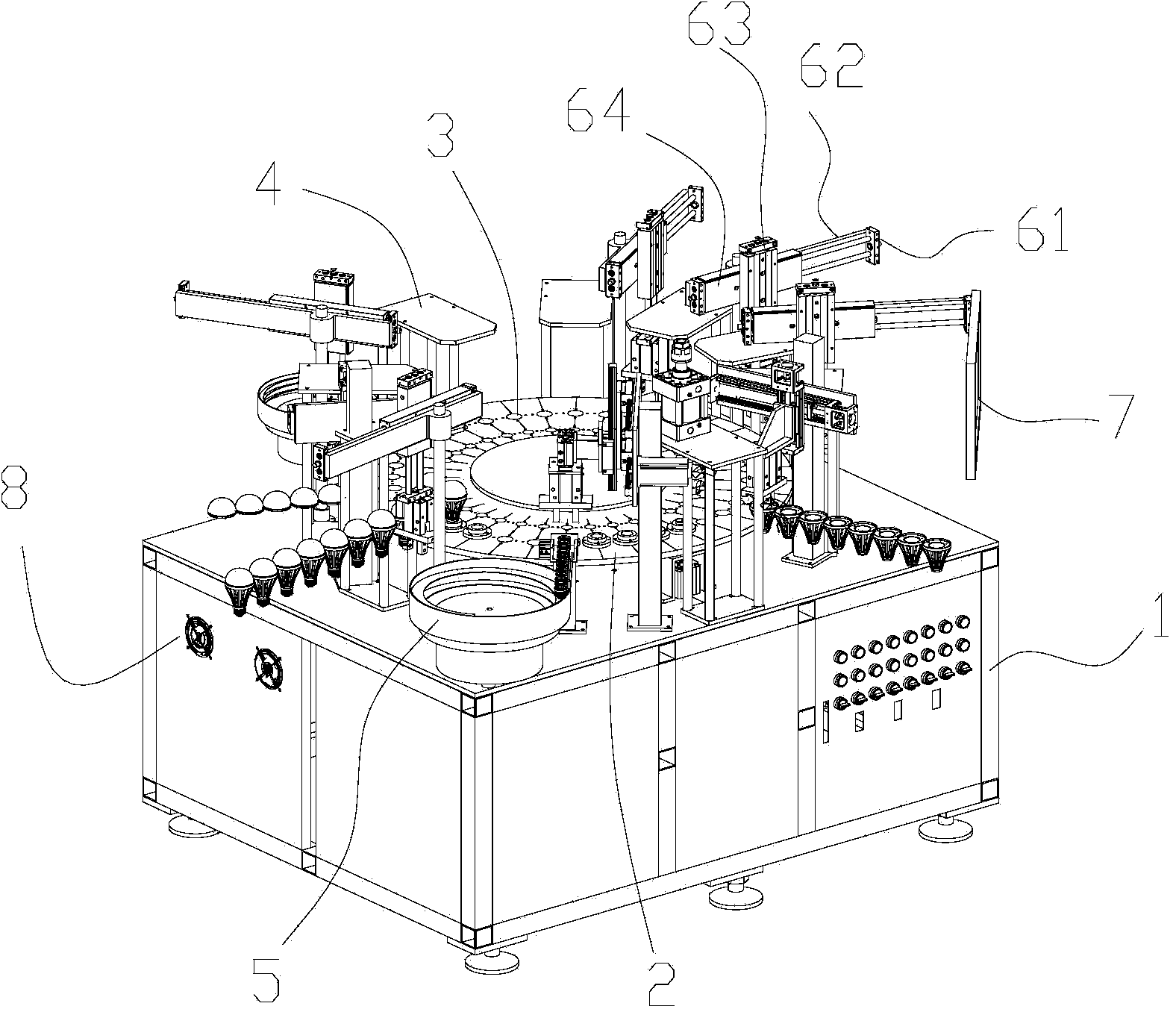 Multi-channel rotary table automatic assembly machine and method for producing LED (light-emitting diode) lamps