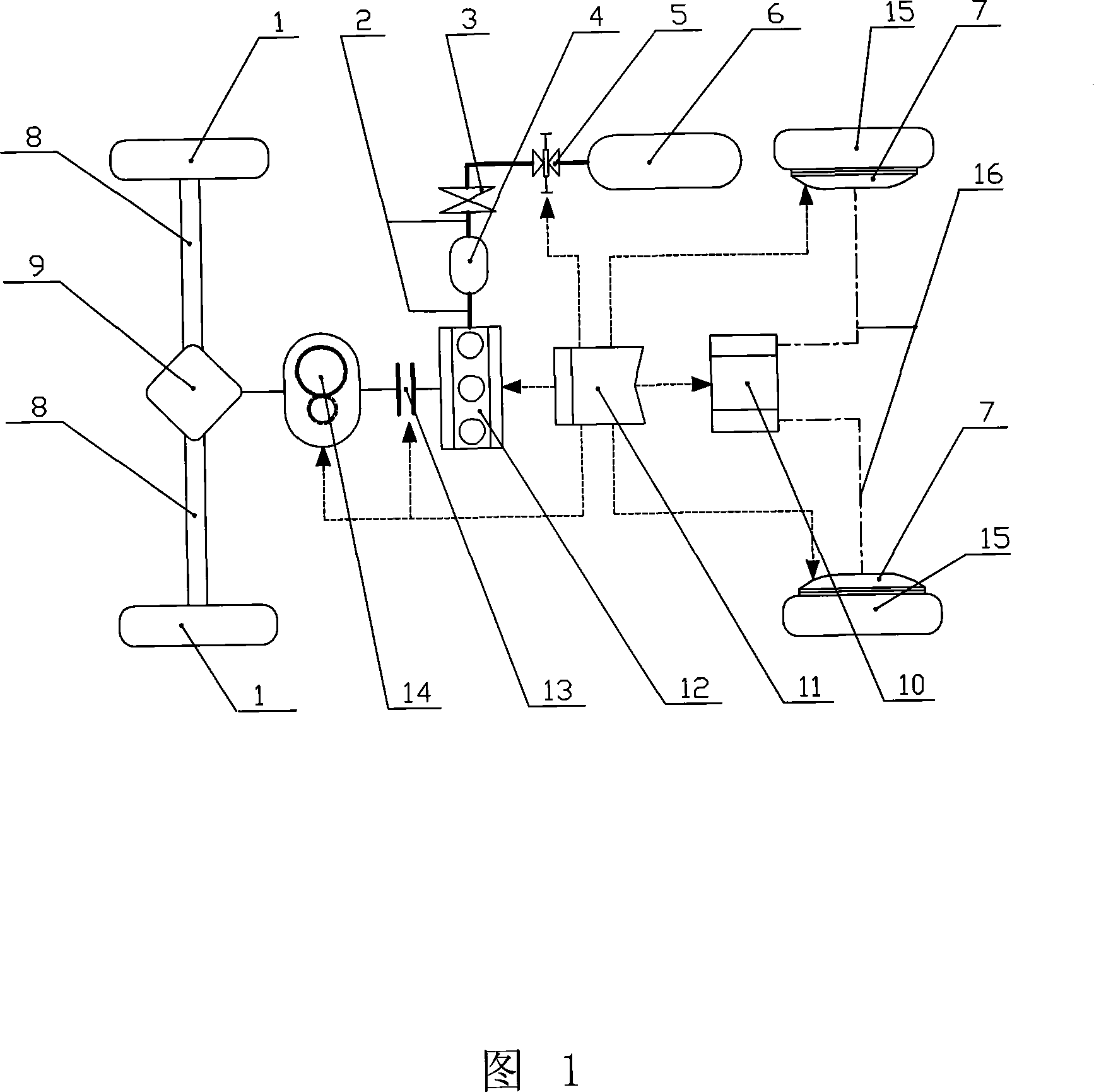 Dynamic system of parallel connecting type air-electricity-mixed motor vehicle